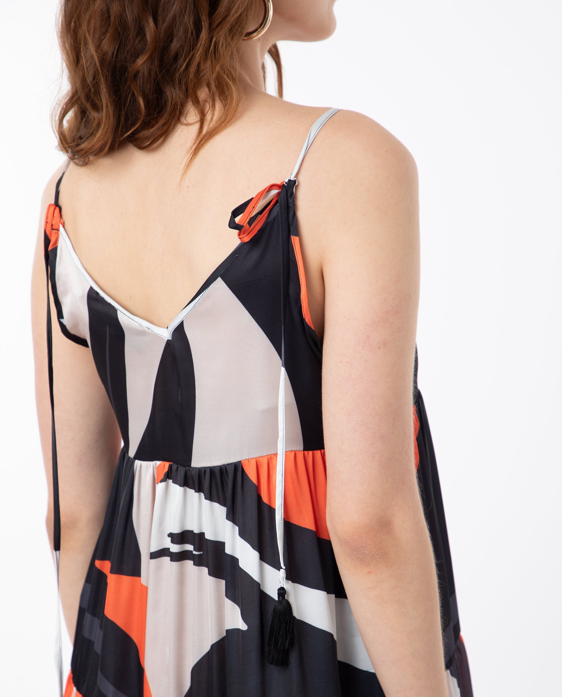 Rareism Women Agans Multi Polyester Fabric Sleeveless Tie-Up Closure V-Neck Shoulder Straps Regular Fit Abstract Print Maxi Tiered Dress