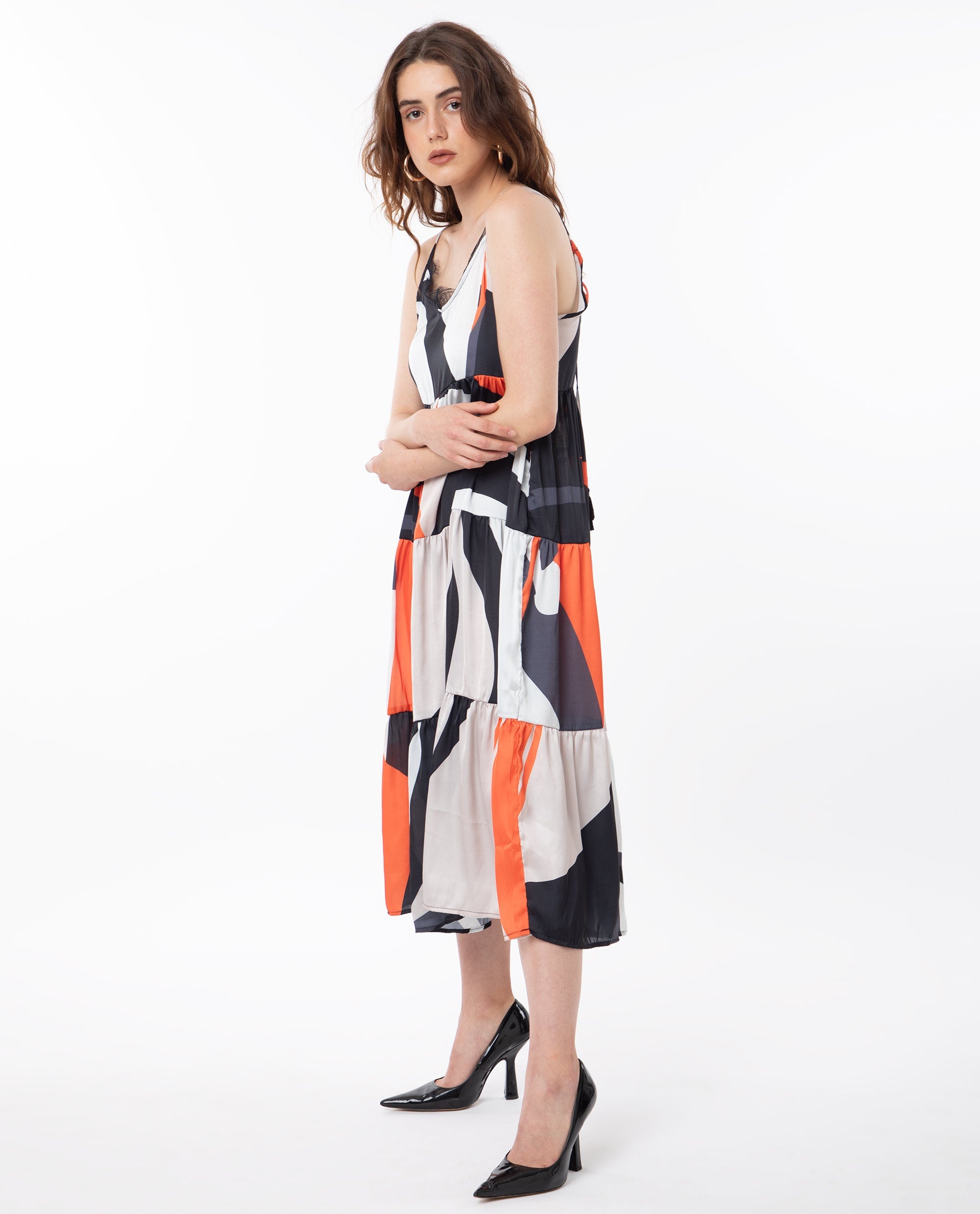 Rareism Women Agans Multi Polyester Fabric Sleeveless Tie-Up Closure V-Neck Shoulder Straps Regular Fit Abstract Print Maxi Tiered Dress