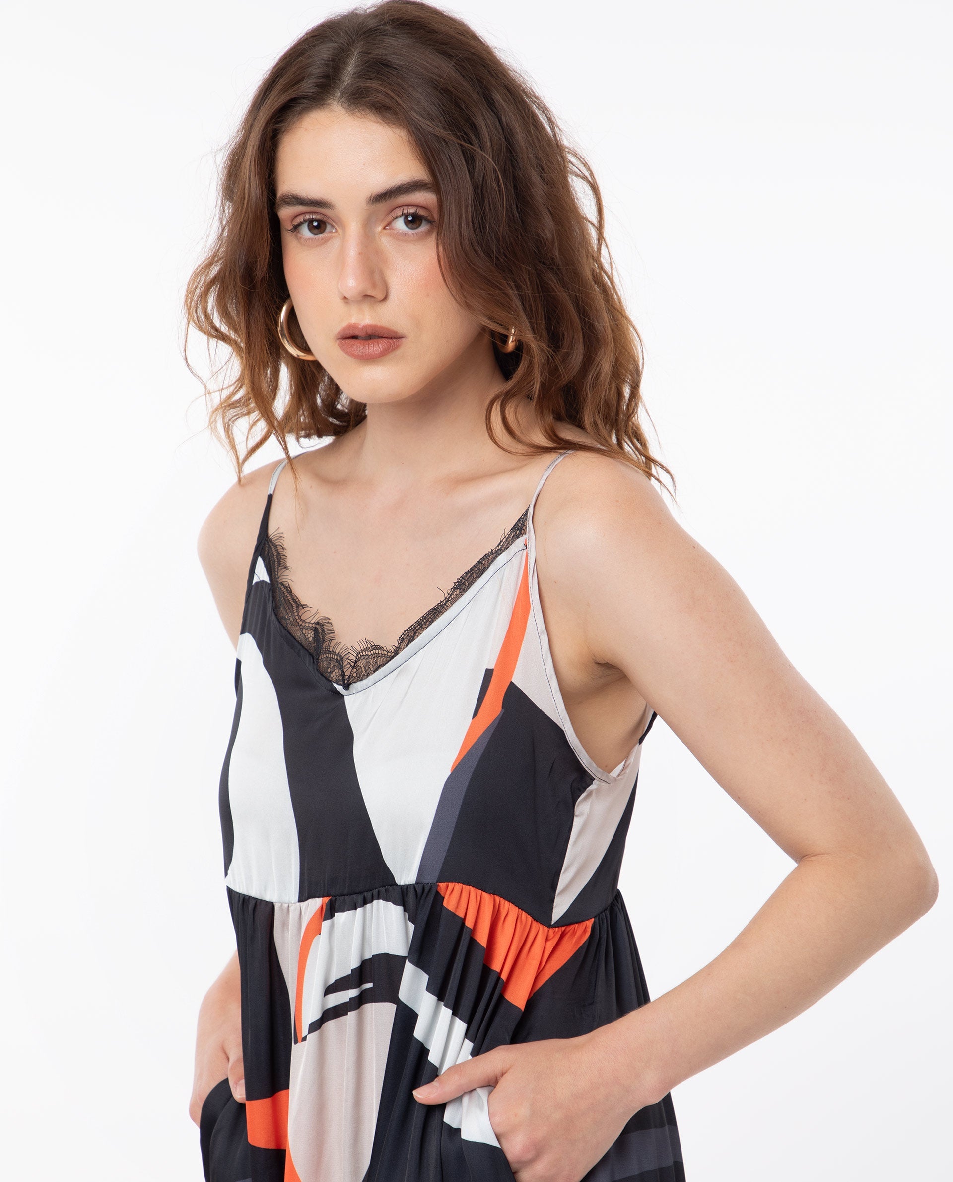 Rareism Women Agans Multi Polyester Fabric Sleeveless Tie-Up Closure V-Neck Shoulder Straps Regular Fit Abstract Print Maxi Tiered Dress