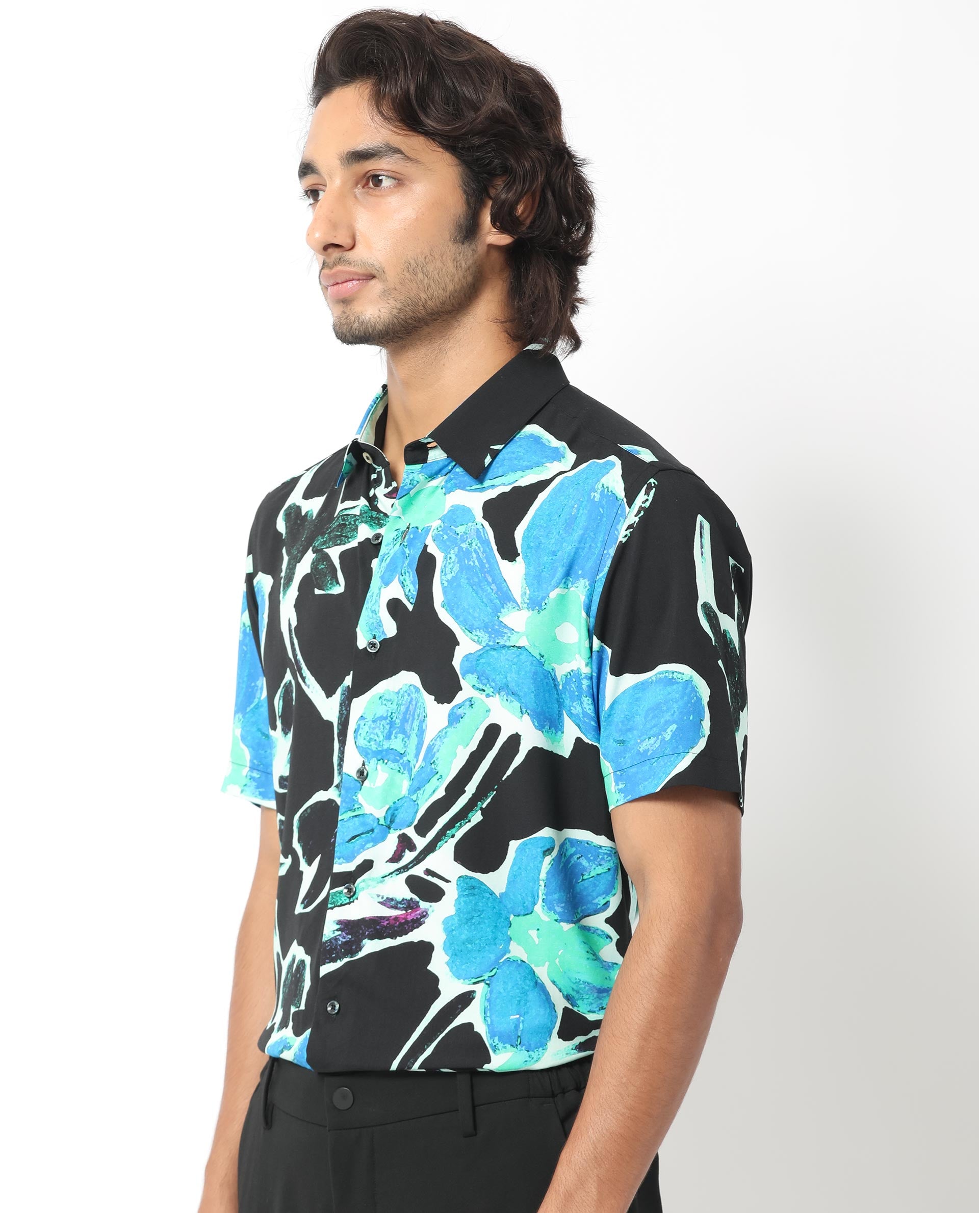 Rare Rabbit Men's Agata Navy Viscose Fabric Floral Print Half Sleeves Shirt