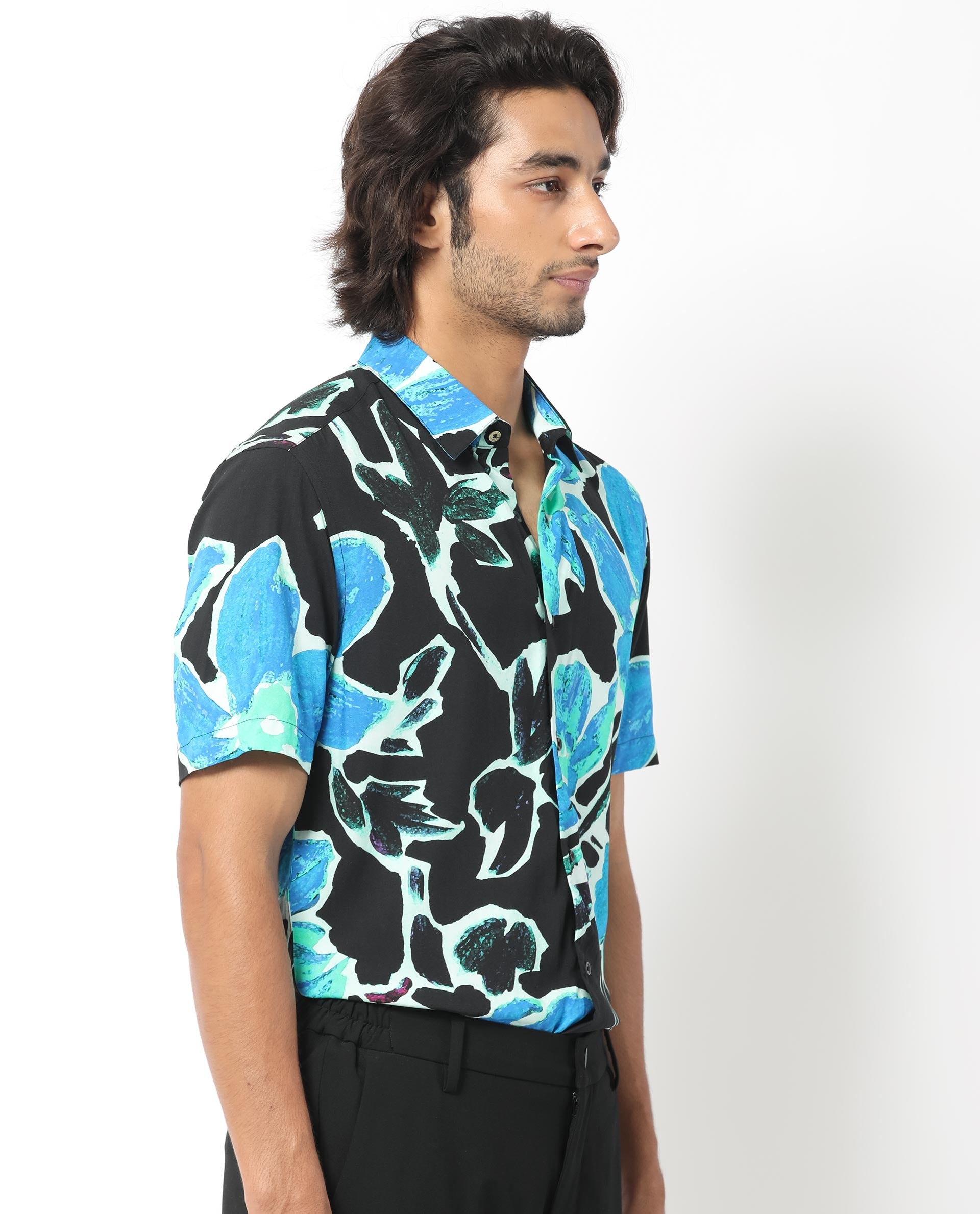 Rare Rabbit Men's Agata Navy Viscose Fabric Floral Print Half Sleeves Shirt