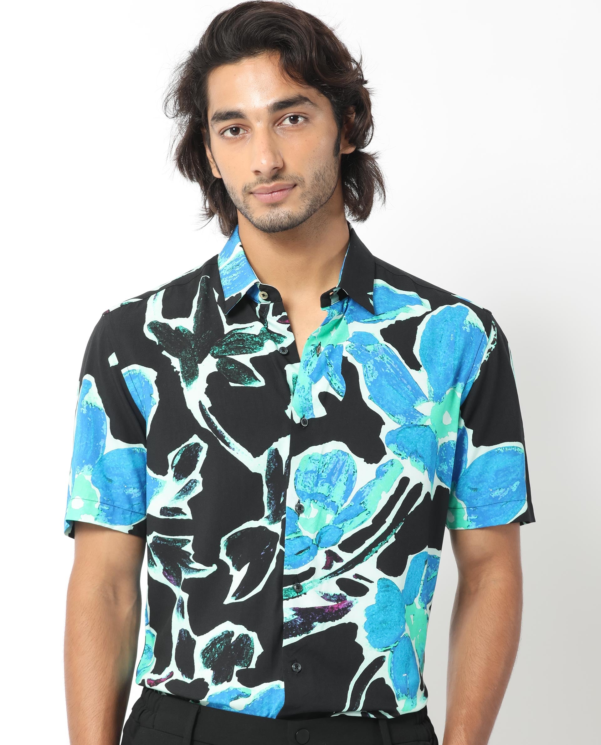 Rare Rabbit Men's Agata Navy Viscose Fabric Floral Print Half Sleeves Shirt