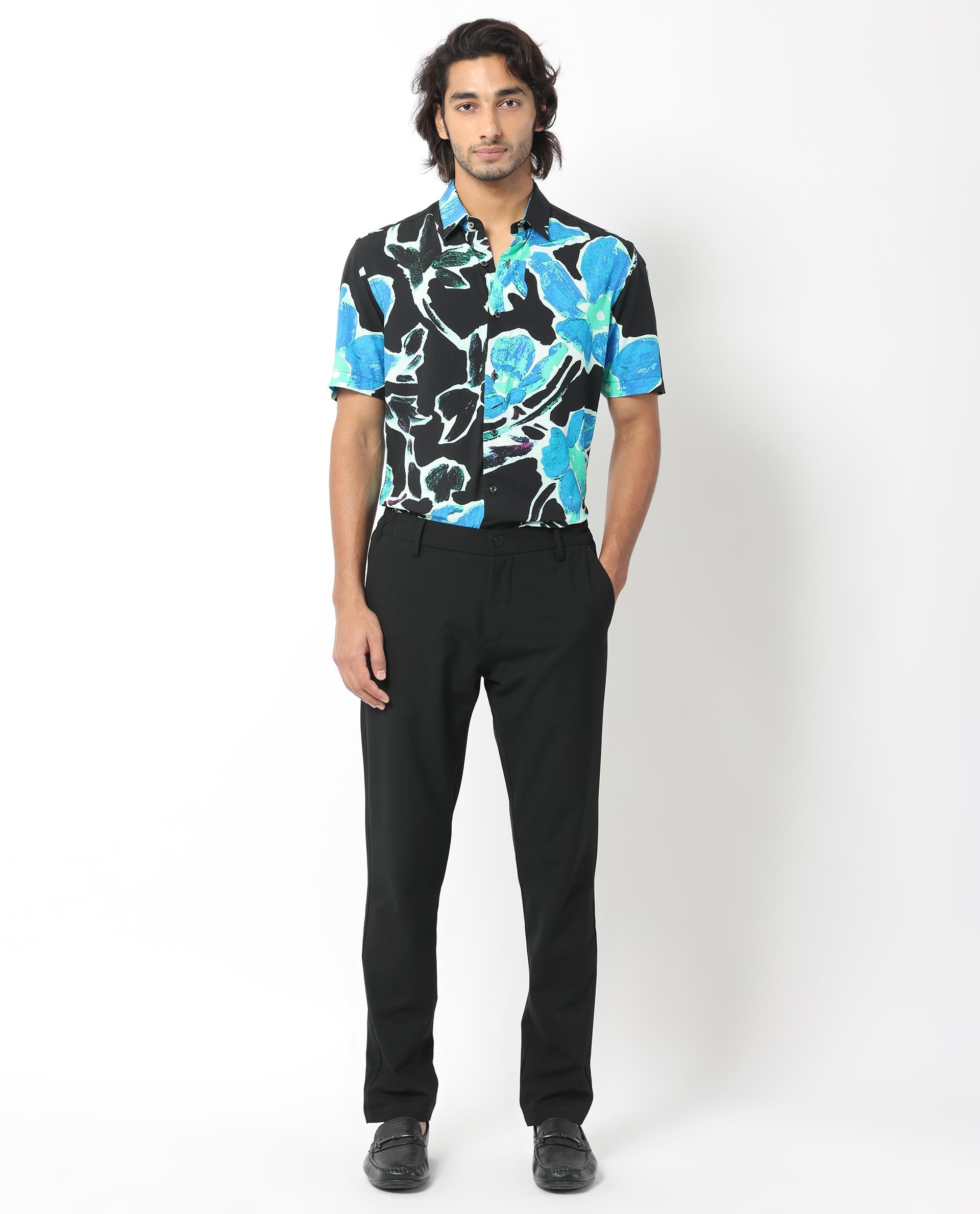 Rare Rabbit Men's Agata Navy Viscose Fabric Floral Print Half Sleeves Shirt