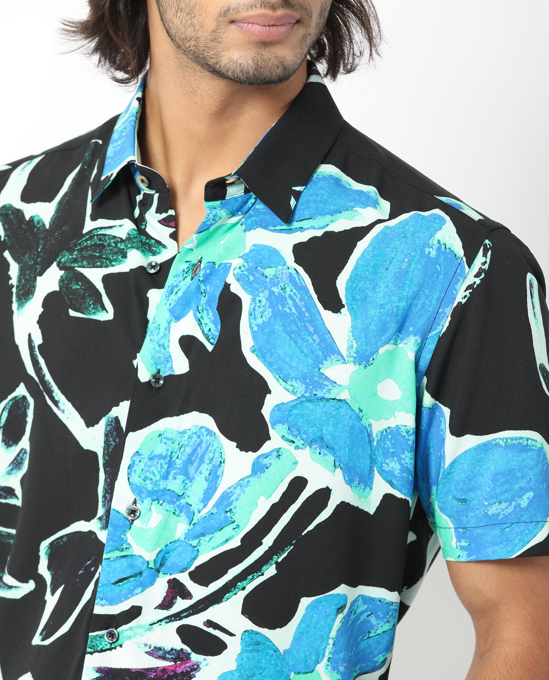 Rare Rabbit Men's Agata Navy Viscose Fabric Floral Print Half Sleeves Shirt