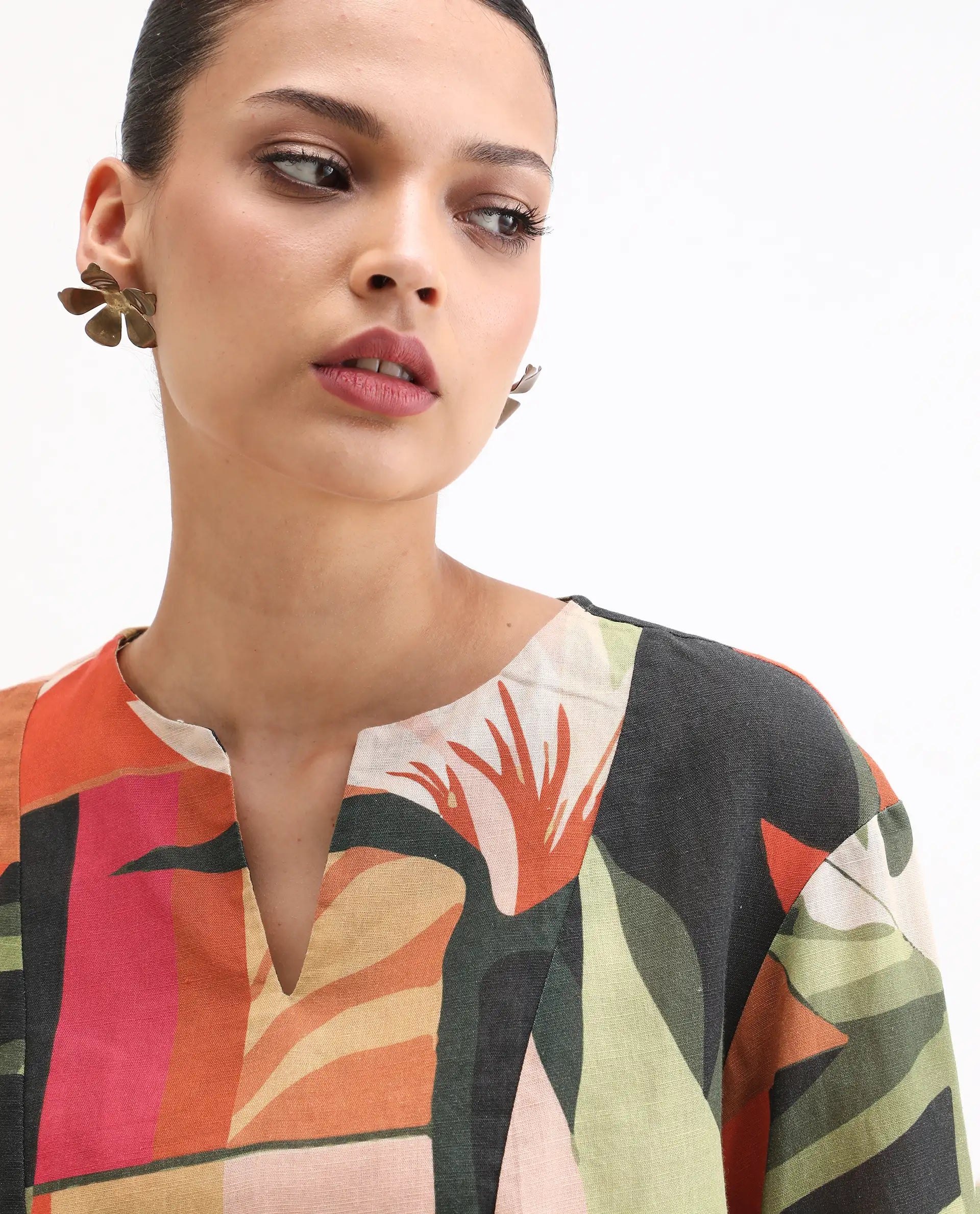 Rareism Women's Agenia-T Pastel Multi Cotton Blend Crew Neck Abstract Print Bishop Sleeve Regular Fit Top