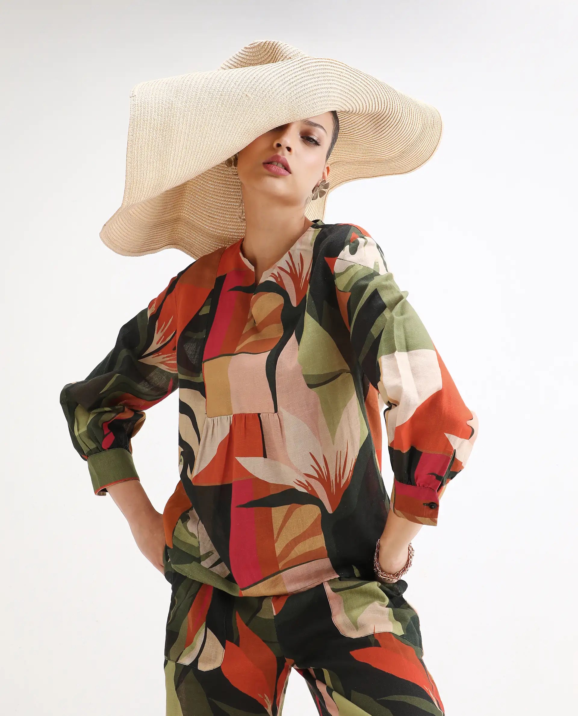 Rareism Women's Agenia-T Pastel Multi Cotton Blend Crew Neck Abstract Print Bishop Sleeve Regular Fit Top