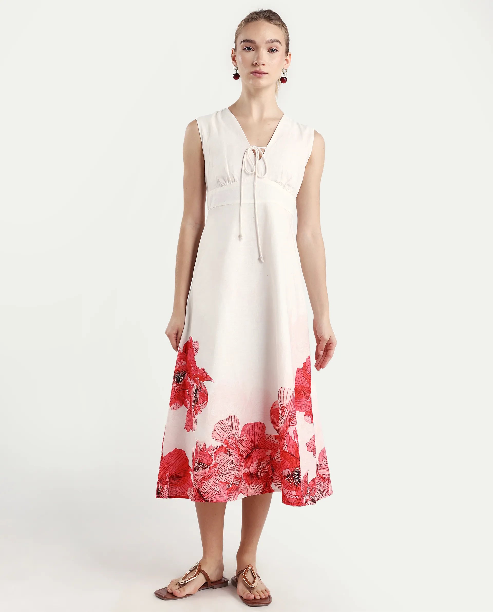 Rareism Women's Ago Off White Viscose Blend Sleeveless Fit And Flare Floral Print Dress