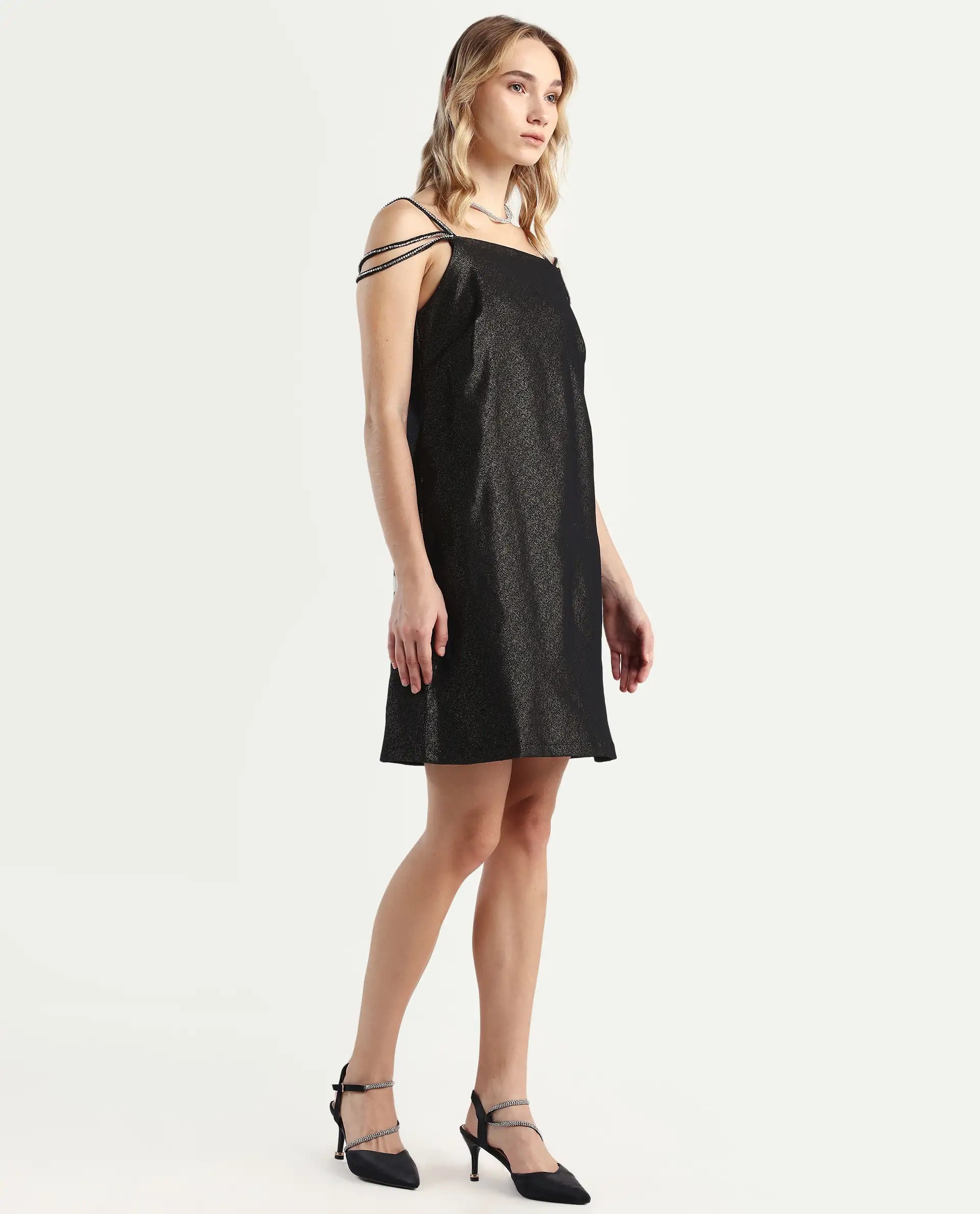 Rareism Women's Agri Black Polyester Shoulder Strap Jacquard Sleeveless Mini Regular Fit Dress