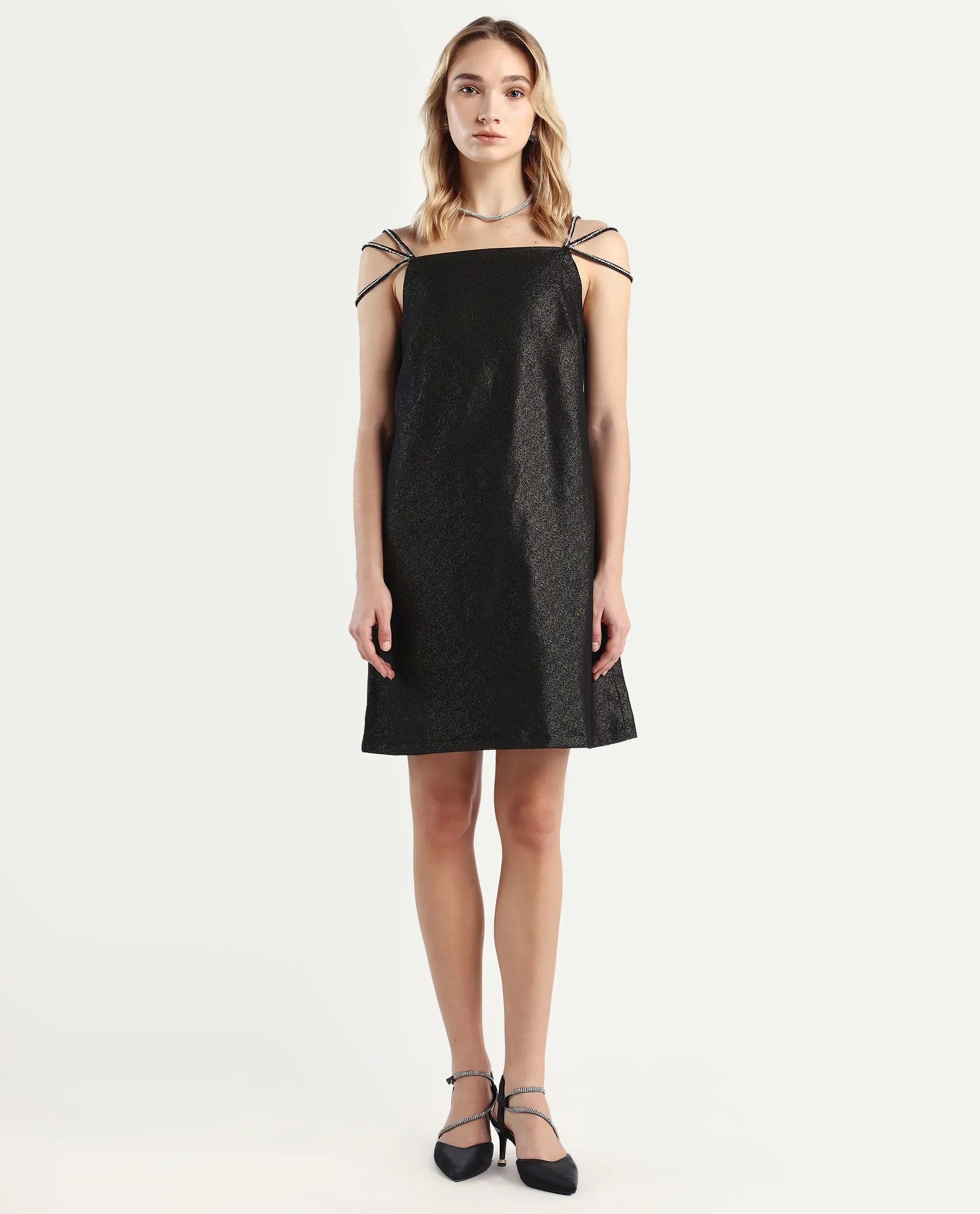 Rareism Women's Agri Black Polyester Shoulder Strap Jacquard Sleeveless Mini Regular Fit Dress