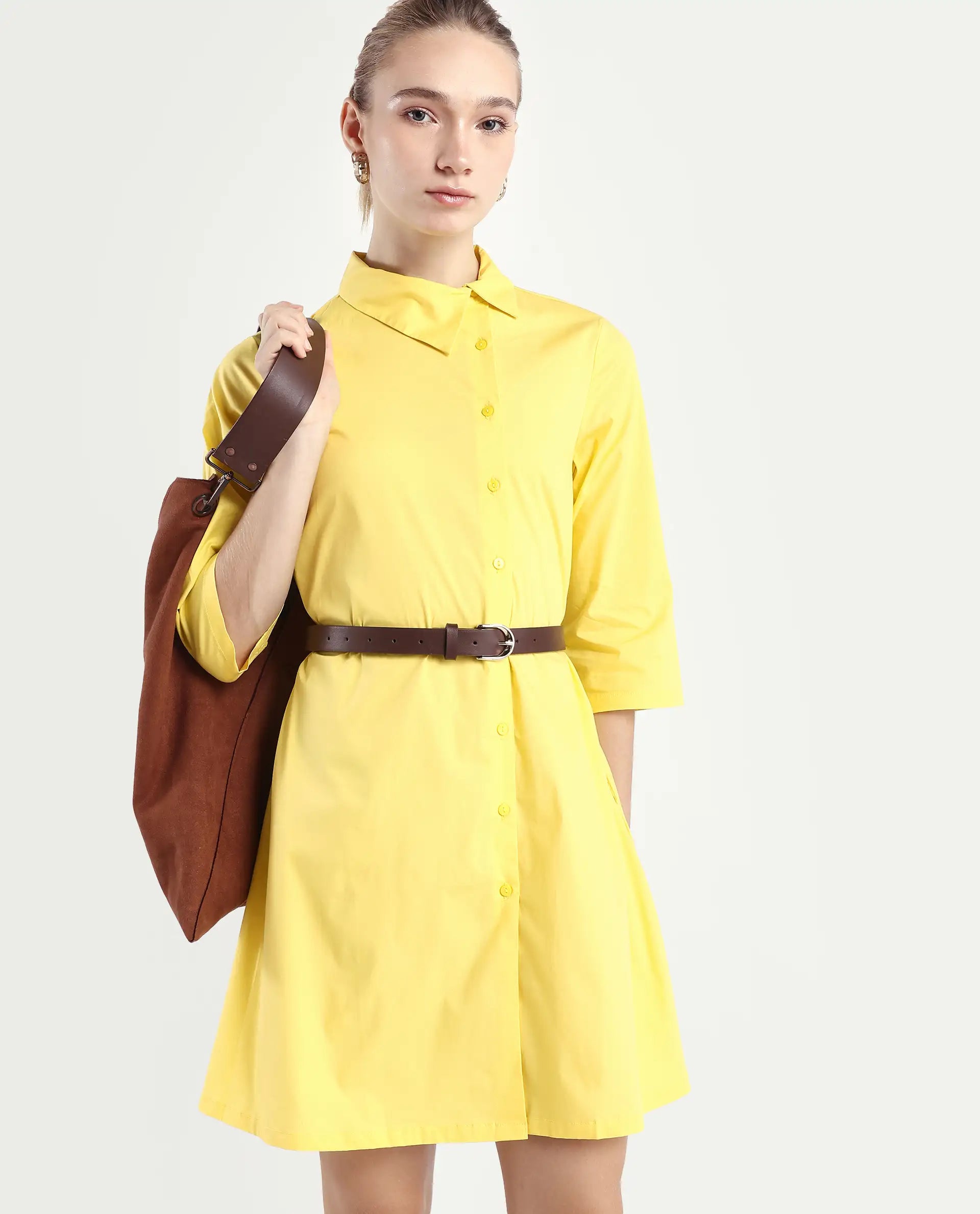 Rareism Women's Ahho Yellow Cotton Asymmetric Neck Plain Mini A-Line Dress
