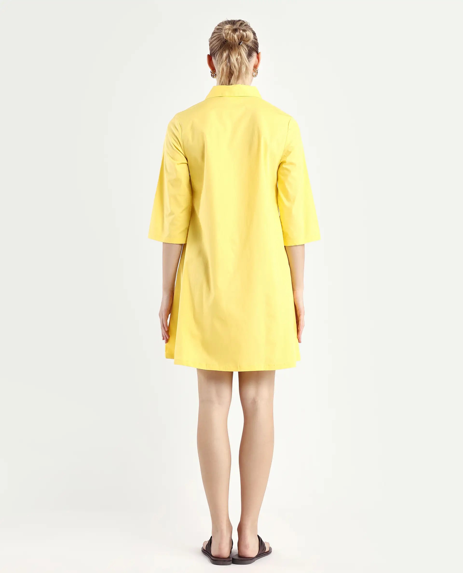 Rareism Women's Ahho Yellow Cotton Asymmetric Neck Plain Mini A-Line Dress