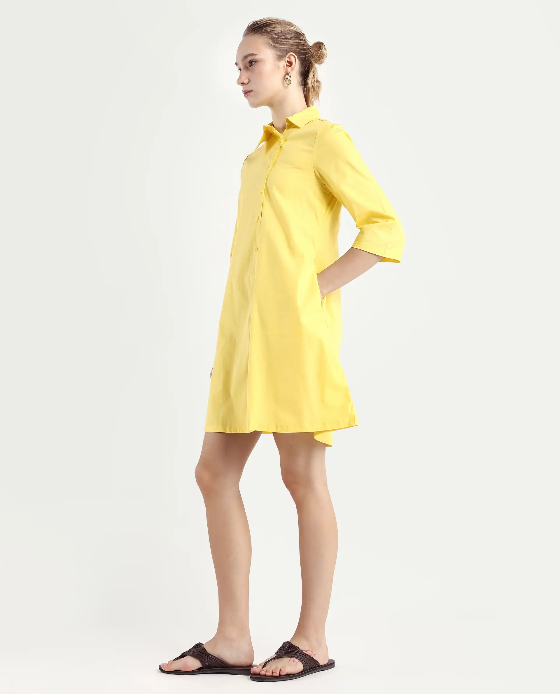 Rareism Women's Ahho Yellow Cotton Asymmetric Neck Plain Mini A-Line Dress