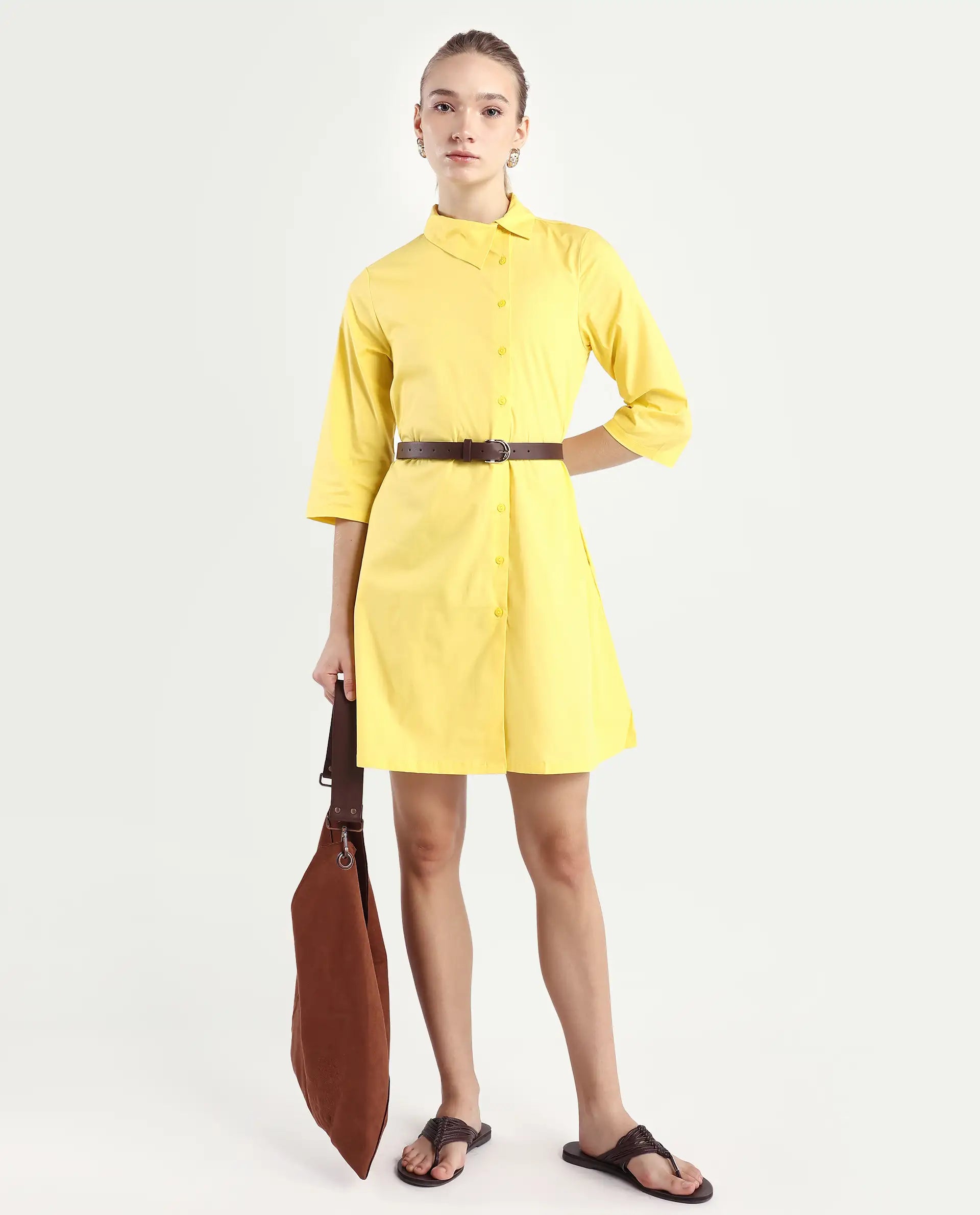 Rareism Women's Ahho Yellow Cotton Asymmetric Neck Plain Mini A-Line Dress