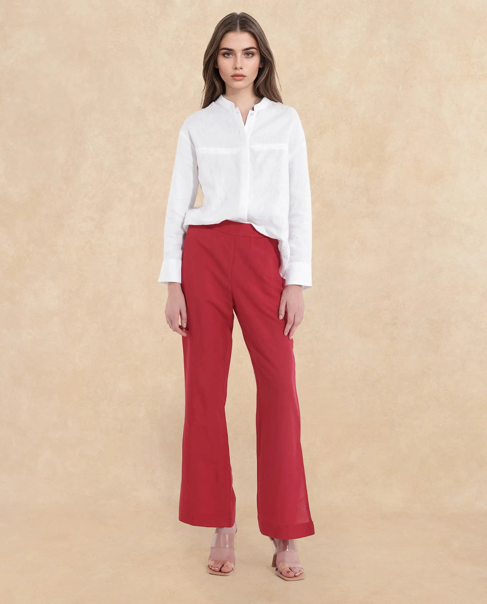 Rareism Women Ahome Dark Red Wide Plain Ankle Length Trouser