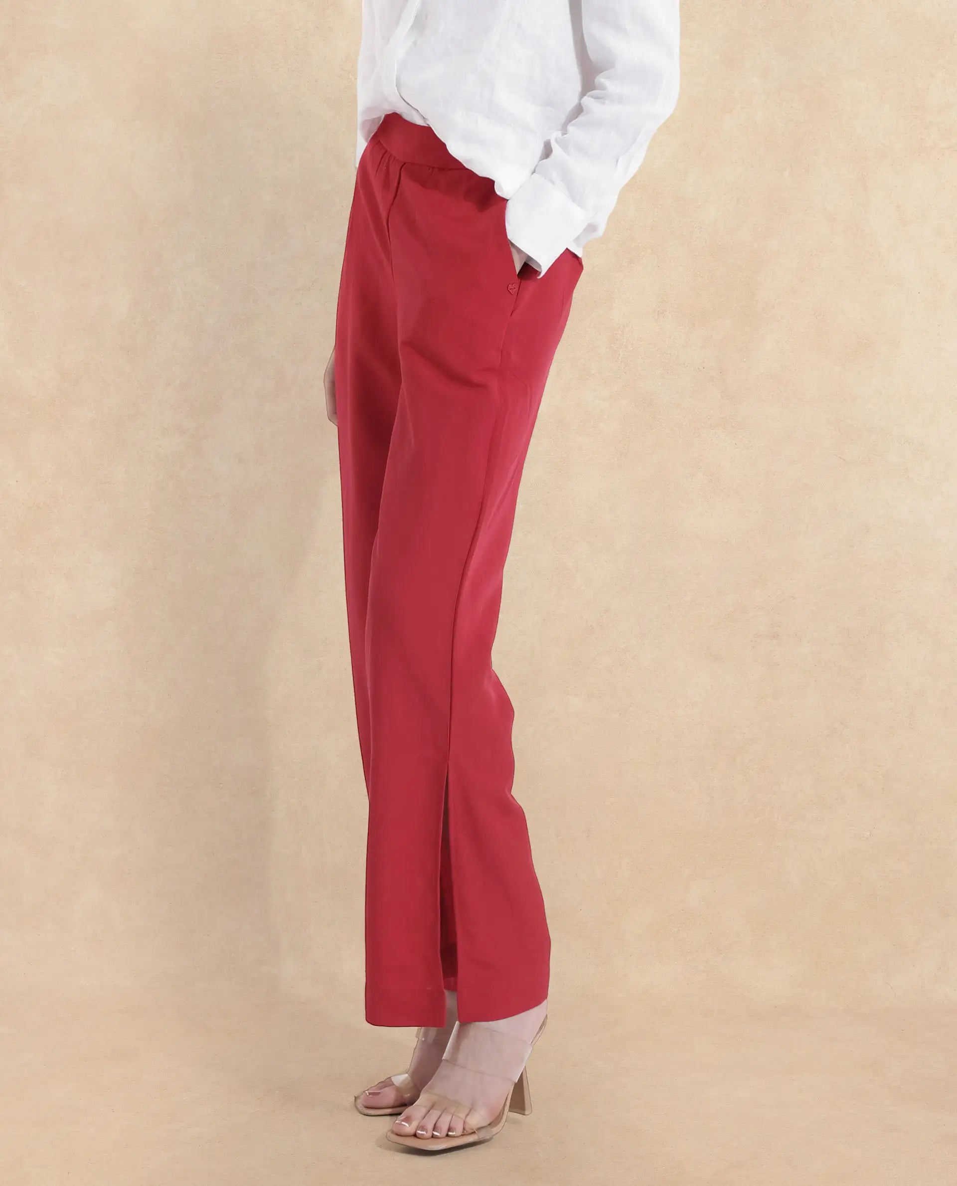 Rareism Women Ahome Dark Red Wide Plain Ankle Length Trouser