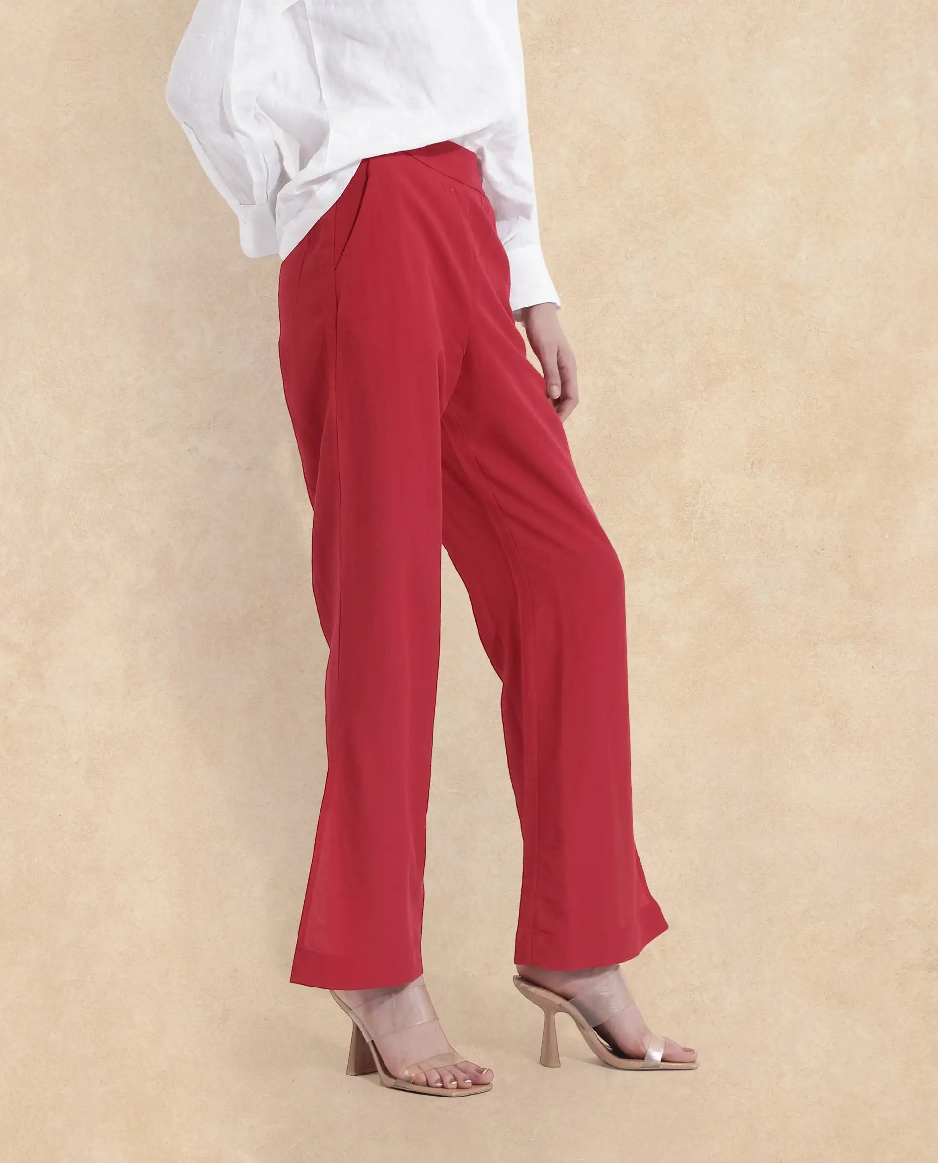 Rareism Women Ahome Dark Red Wide Plain Ankle Length Trouser