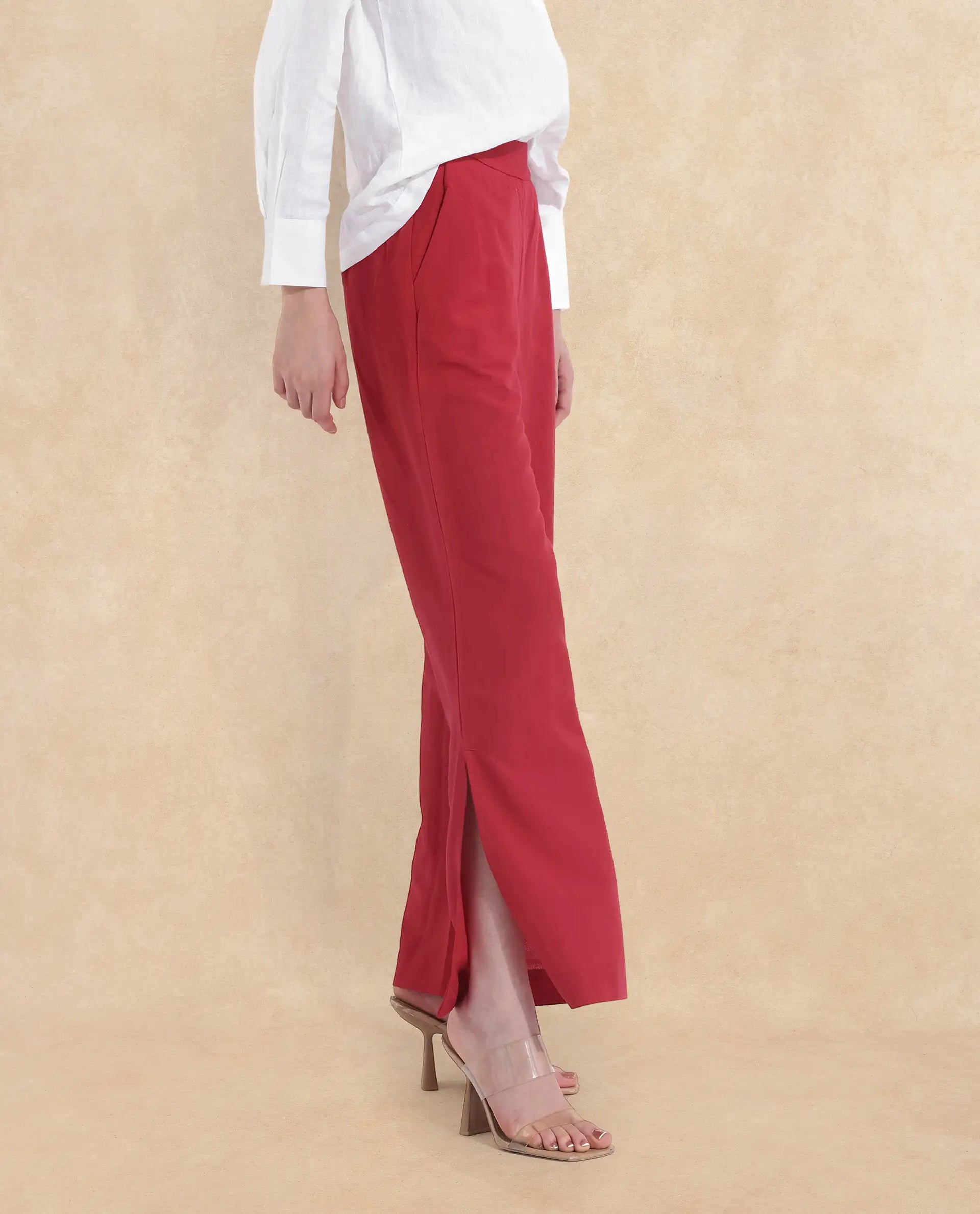 Rareism Women Ahome Dark Red Wide Plain Ankle Length Trouser