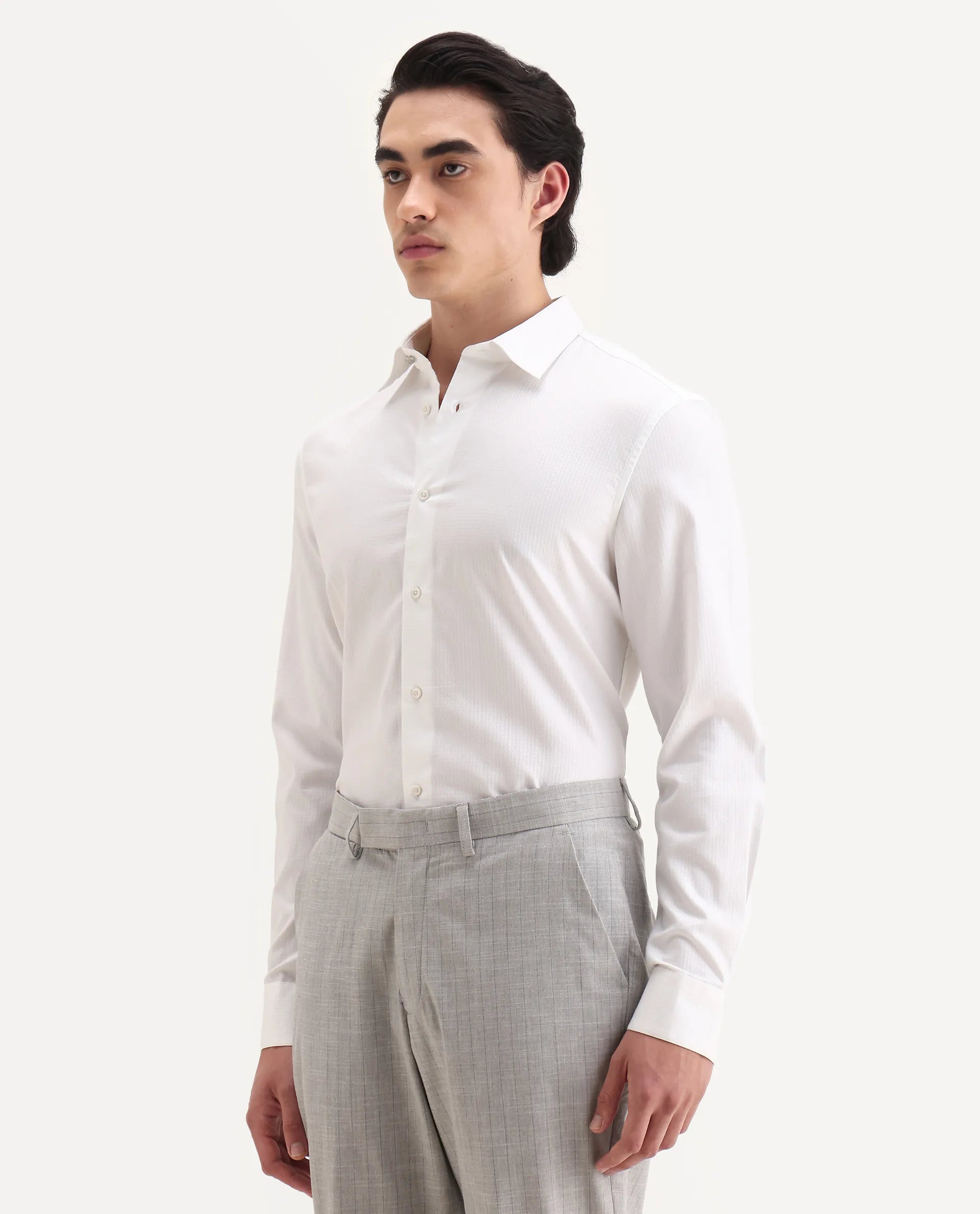Rare Rabbit Men's Aida White Cotton Fabric Collared Neck Regular Fit Textured Shirt