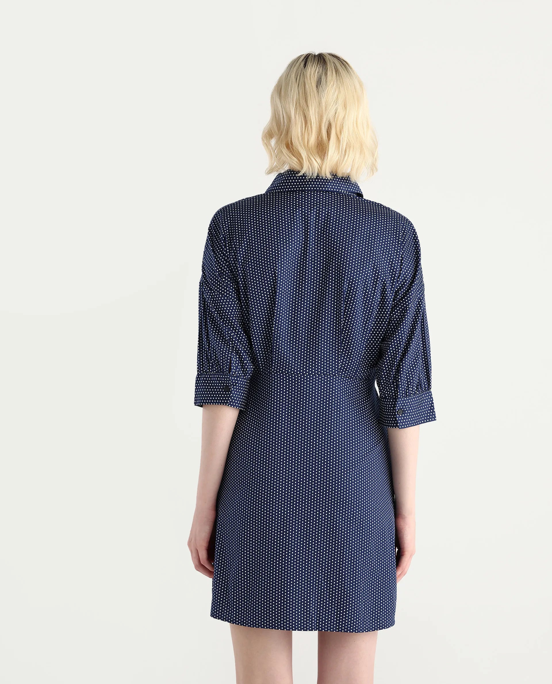 Rareism Women's Aiday Dark Drop Collar Polka Print Cuffed Sleeve Mini Regular Fit Dress