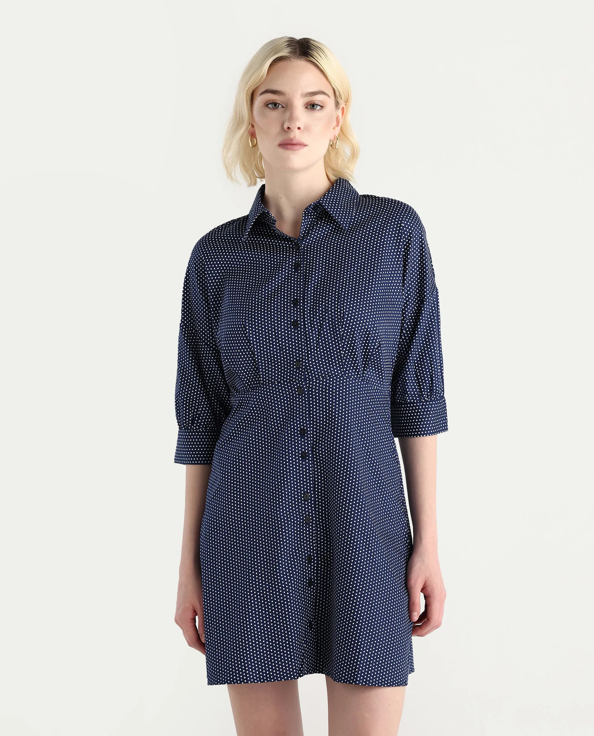 Rareism Women's Aiday Dark Drop Collar Polka Print Cuffed Sleeve Mini Regular Fit Dress