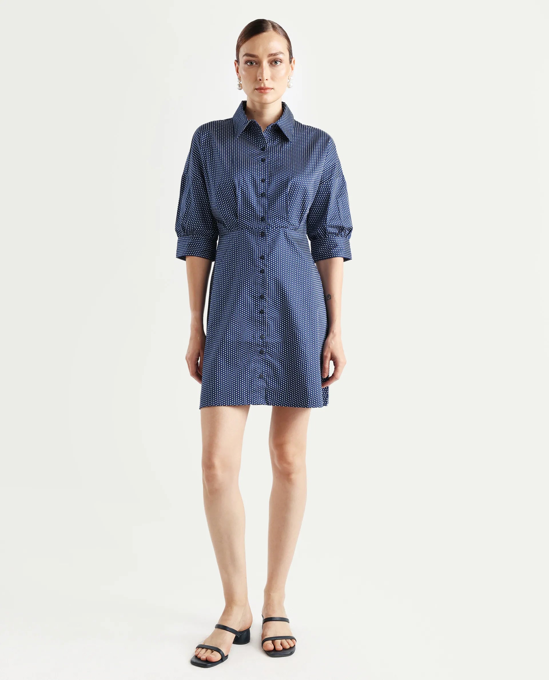 Rareism Women's Aiday Dark Drop Collar Polka Print Cuffed Sleeve Mini Regular Fit Dress