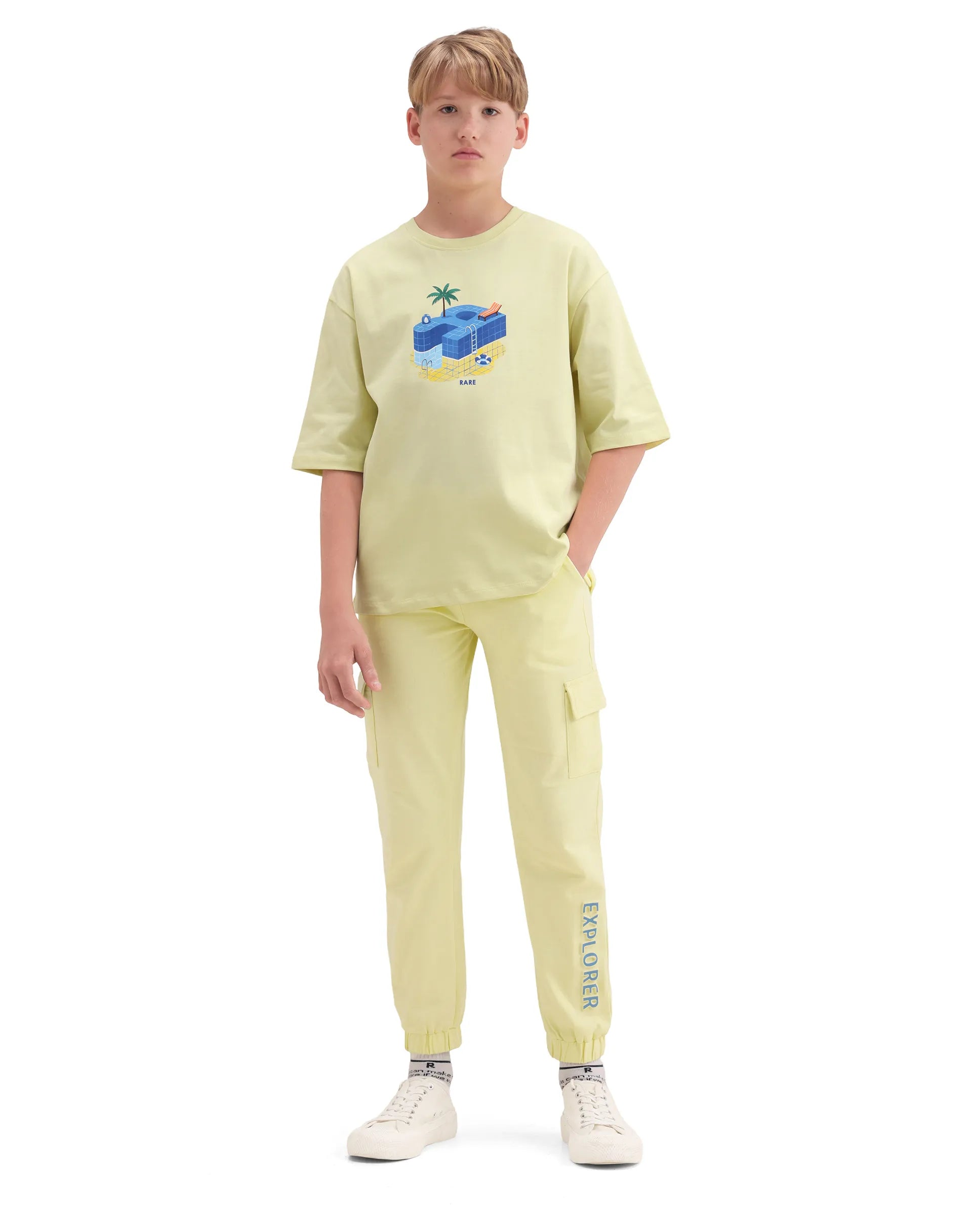 Rare Ones Kids Aiden Light Yellow Cotton Fabric Drawstring Closure Embossed Cargo Fit Track Pant