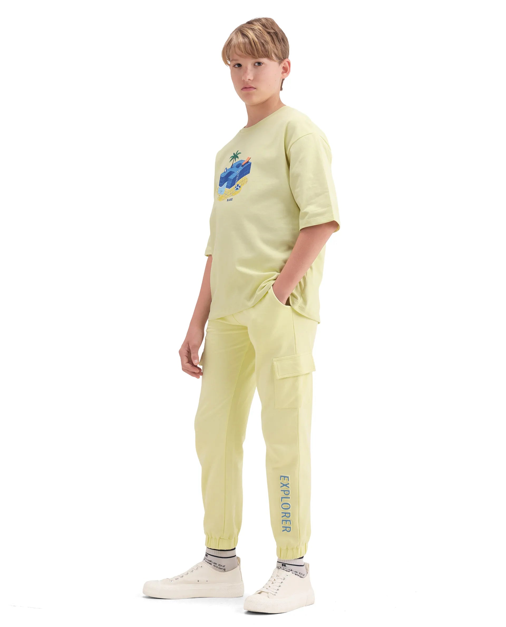 Rare Ones Kids Aiden Light Yellow Cotton Fabric Drawstring Closure Embossed Cargo Fit Track Pant