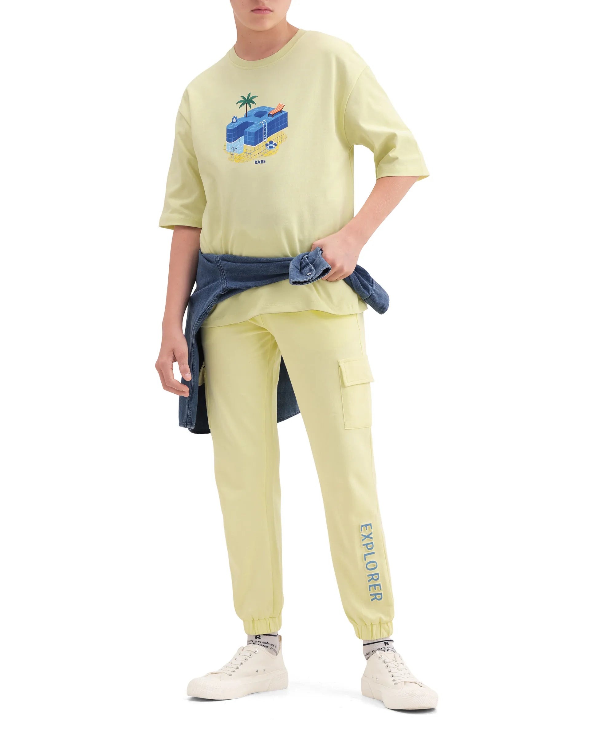 Rare Ones Kids Aiden Light Yellow Cotton Fabric Drawstring Closure Embossed Cargo Fit Track Pant