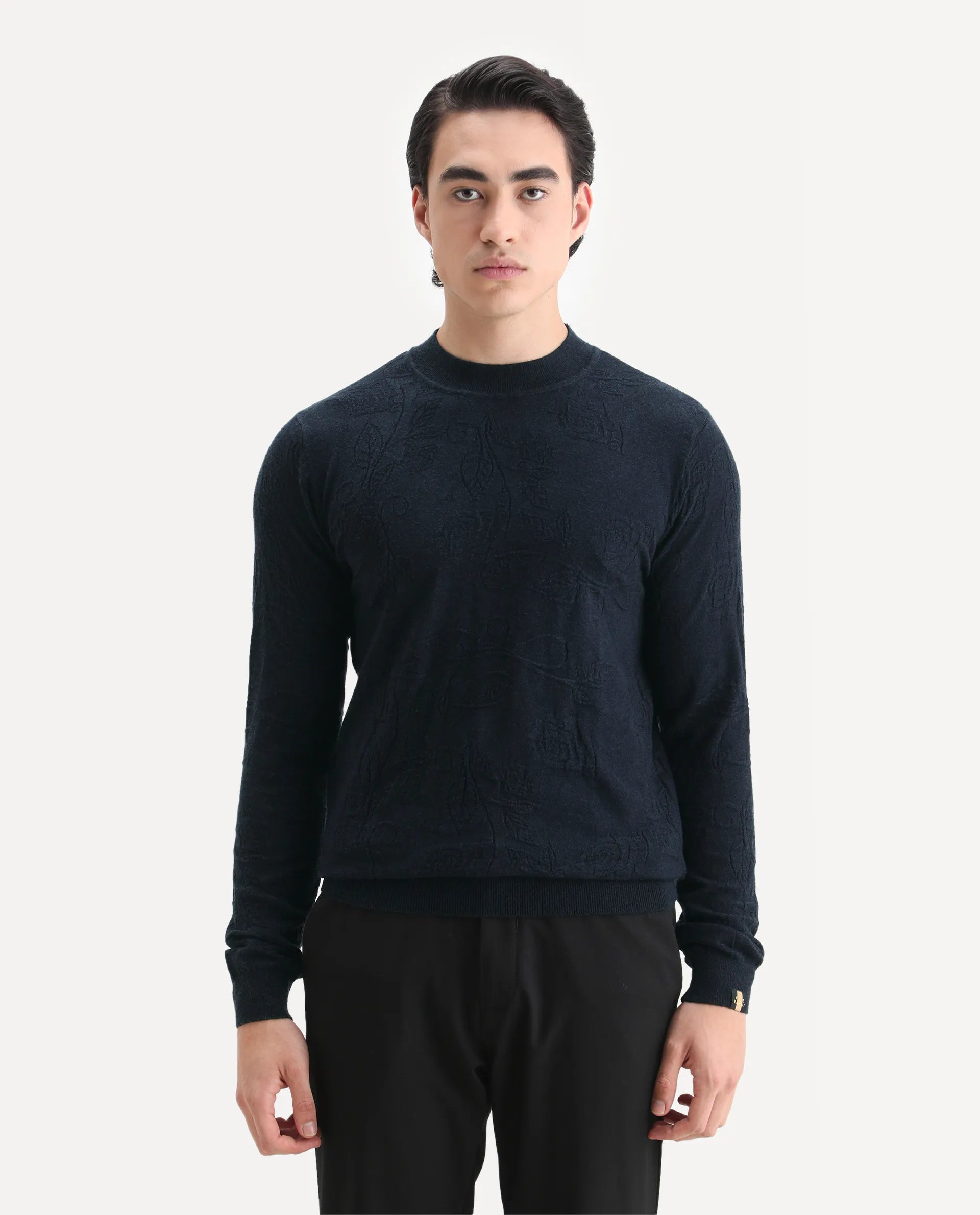 Rare Rabbit Men's Aiden Navy Viscose Jacquard Regular Fit Full Sleeve High Neck Sweater