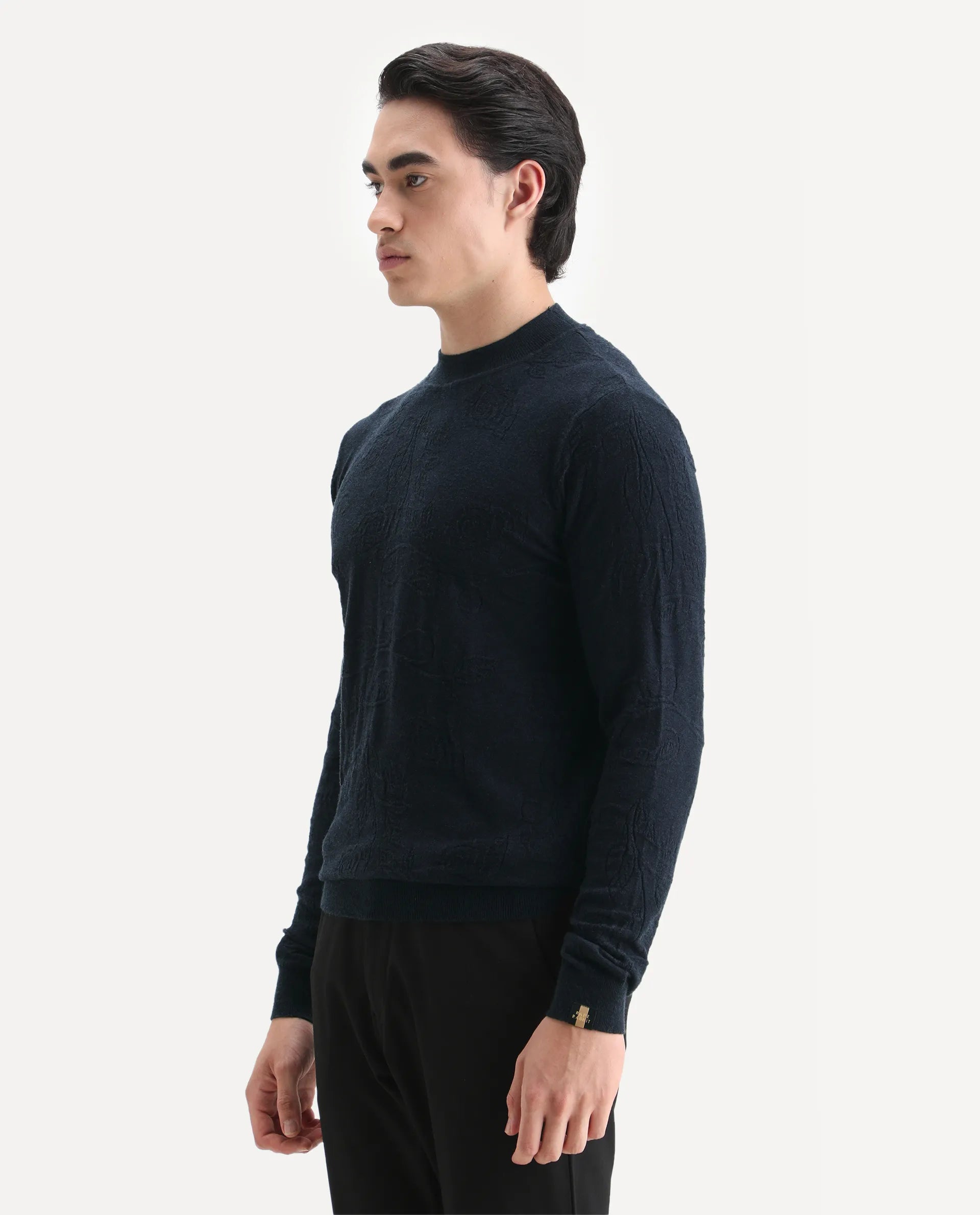 Rare Rabbit Men's Aiden Navy Viscose Jacquard Regular Fit Full Sleeve High Neck Sweater