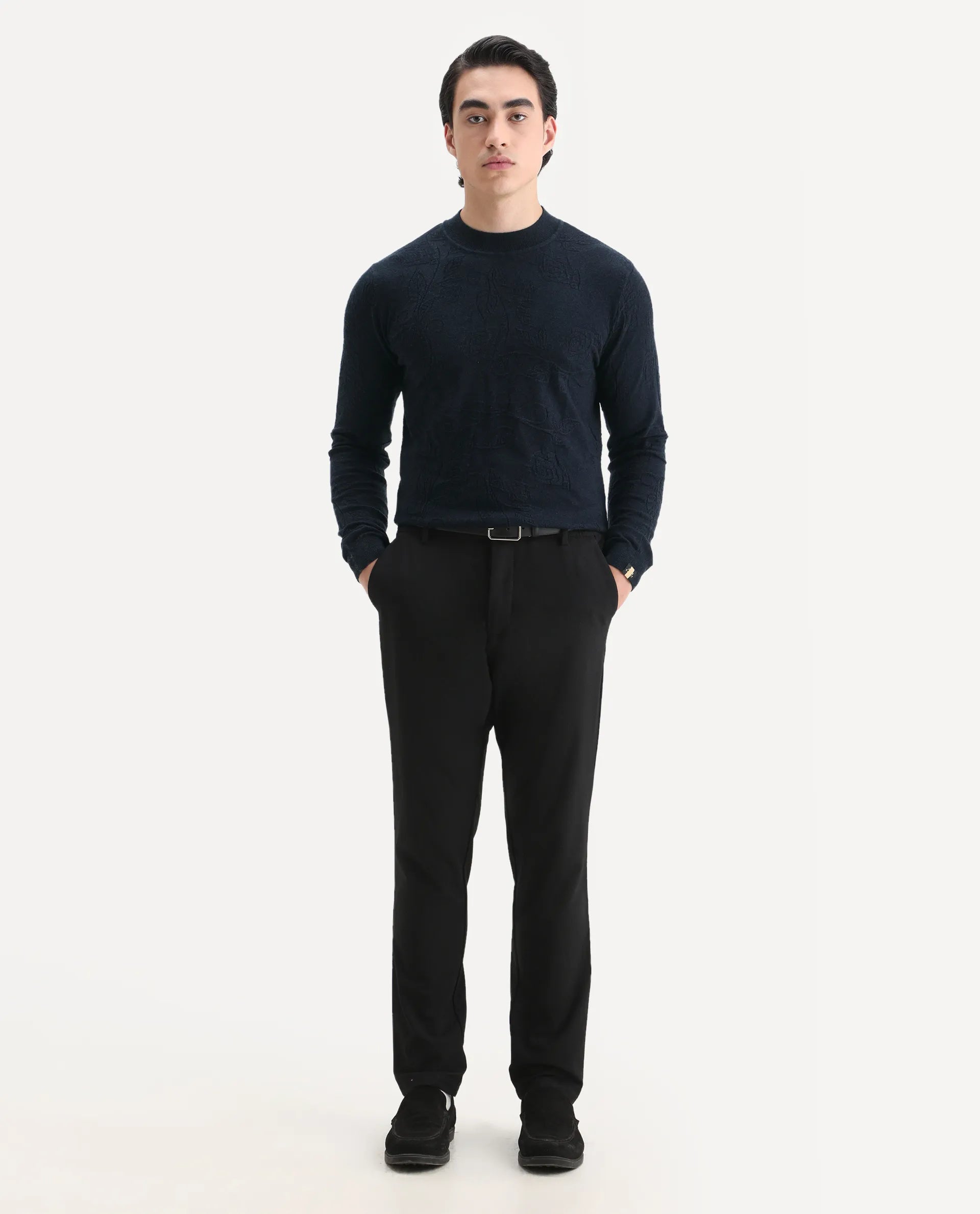 Rare Rabbit Men's Aiden Navy Viscose Jacquard Regular Fit Full Sleeve High Neck Sweater