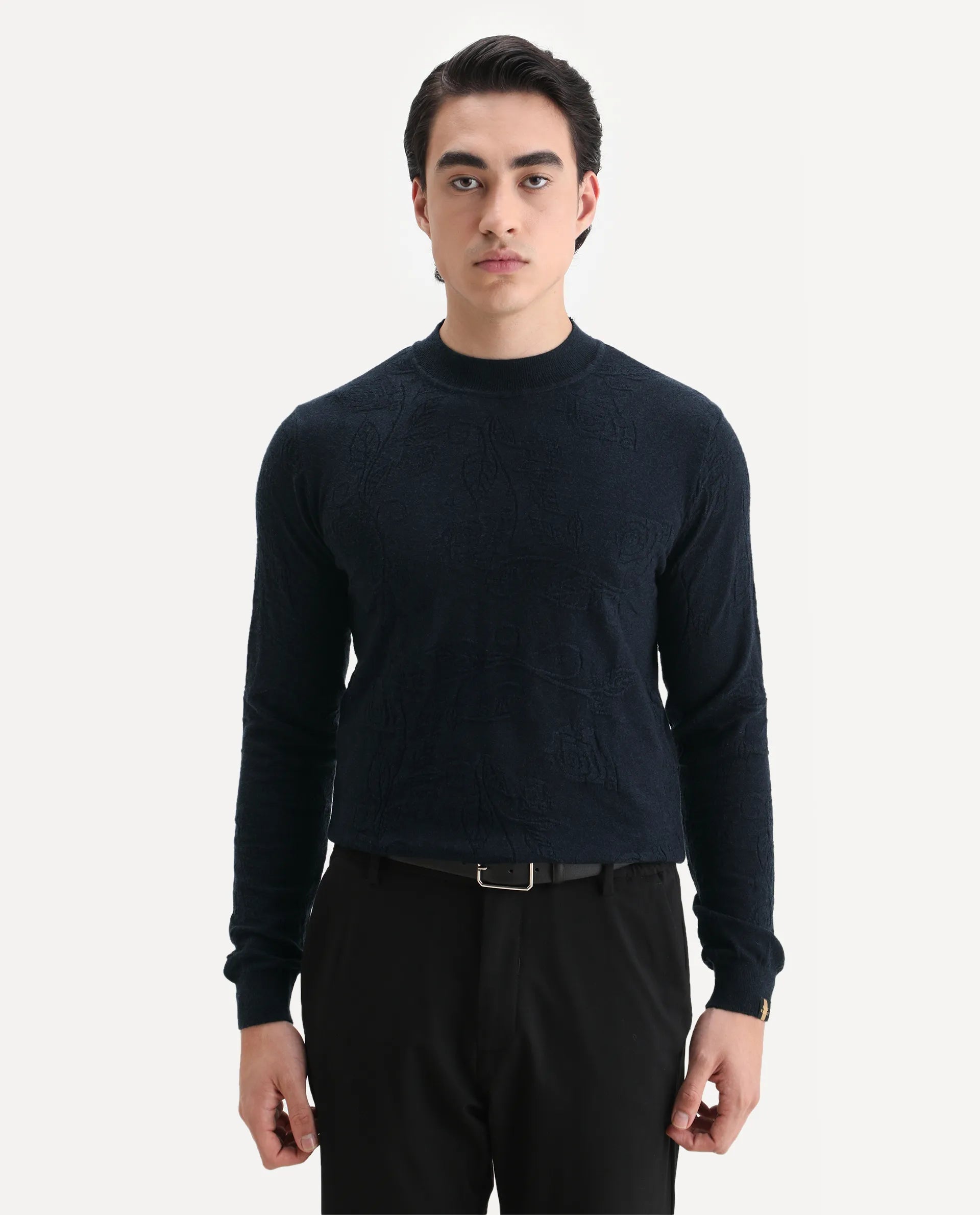 Rare Rabbit Men's Aiden Navy Viscose Jacquard Regular Fit Full Sleeve High Neck Sweater