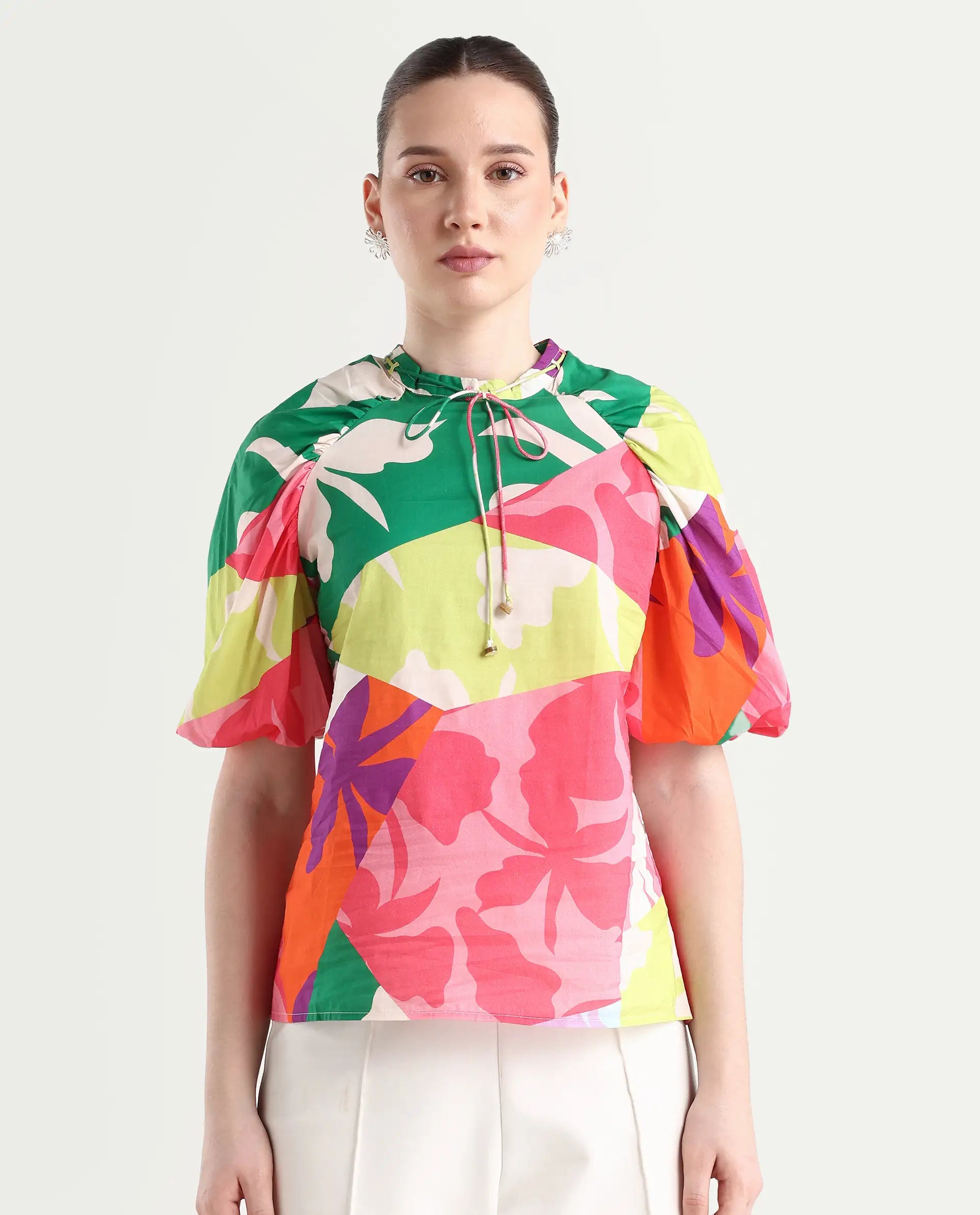 Rareism Women's Aili Multi Cotton Band Collar Floral Print Balloon Sleeve Regular Fit Top