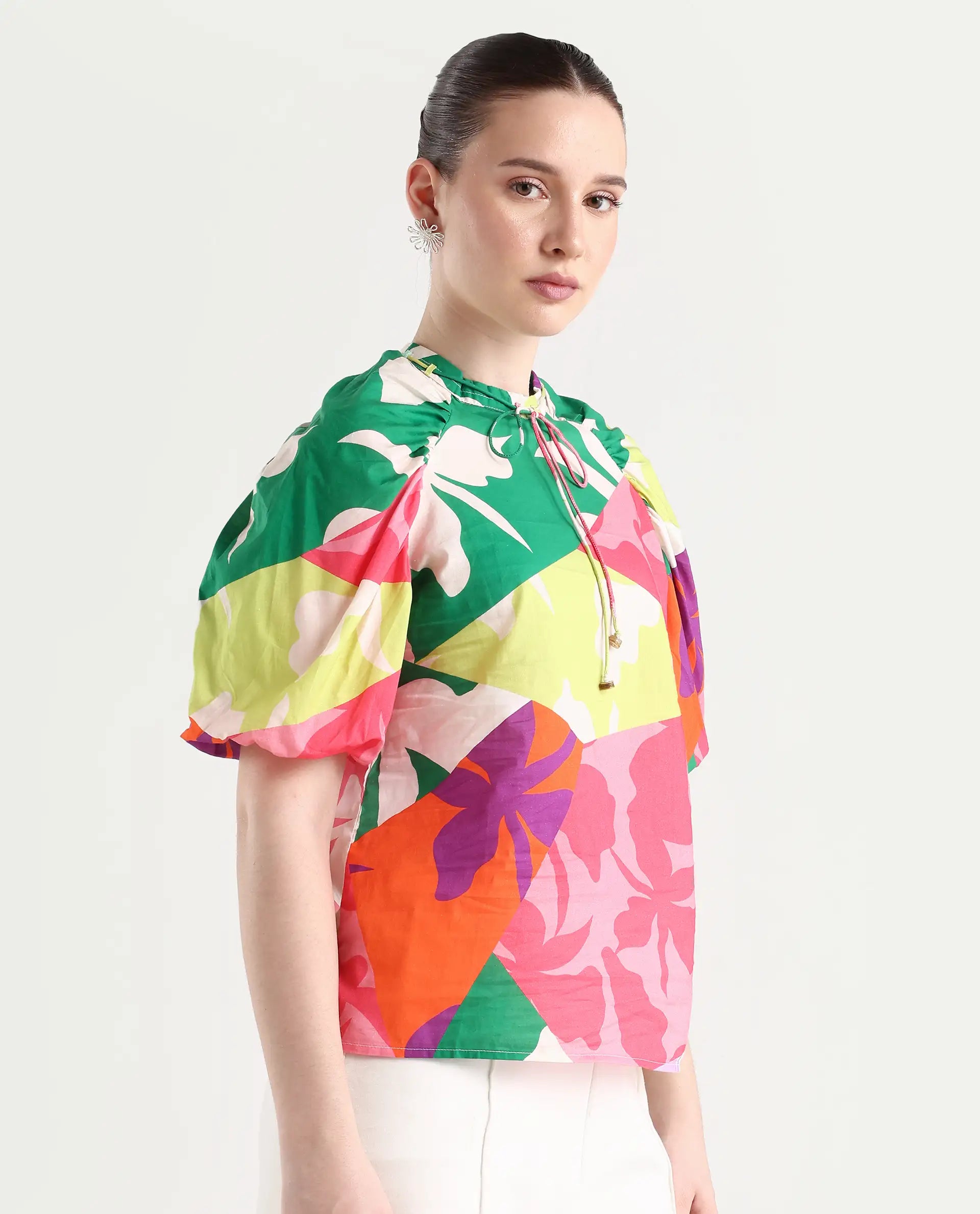 Rareism Women's Aili Multi Cotton Band Collar Floral Print Balloon Sleeve Regular Fit Top