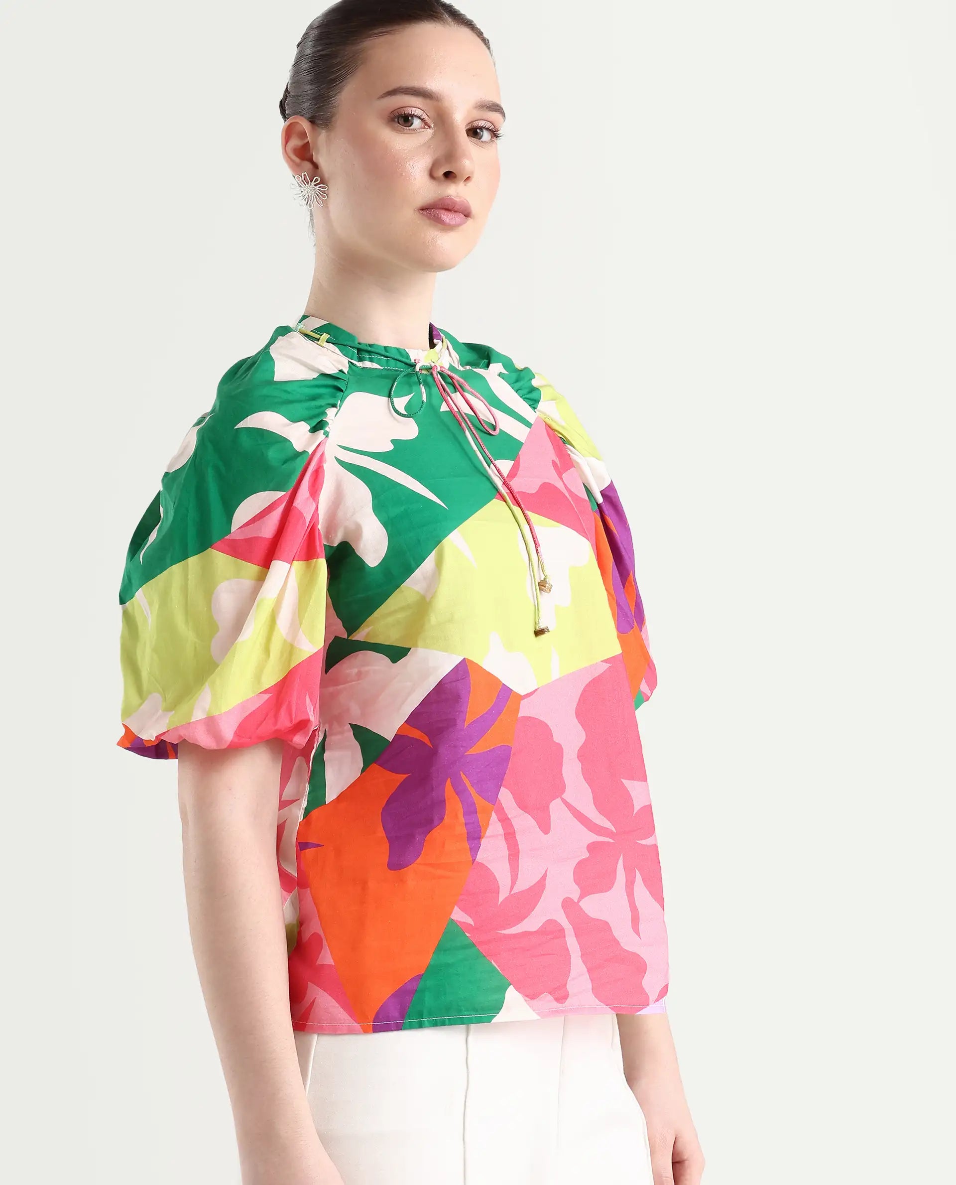 Rareism Women's Aili Multi Cotton Band Collar Floral Print Balloon Sleeve Regular Fit Top