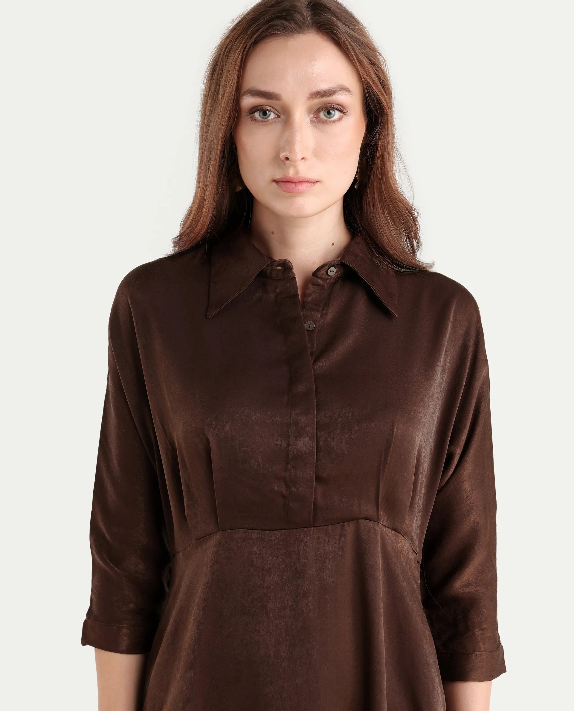 Rareism Women's Airbaz Brown Velvet Drop Collar Plain Kimono Sleeve Midi A-Line Dress