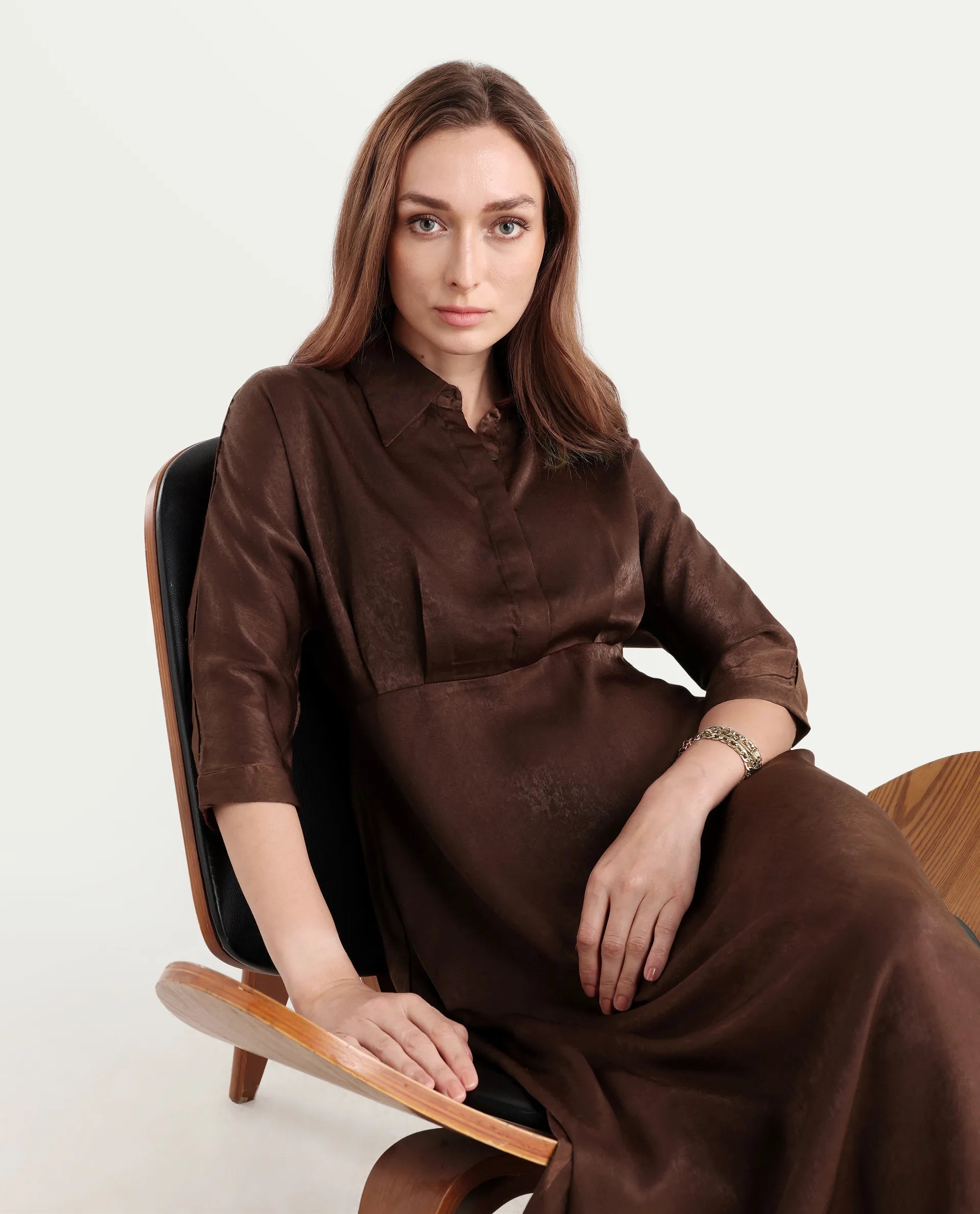 Rareism Women's Airbaz Brown Velvet Drop Collar Plain Kimono Sleeve Midi A-Line Dress