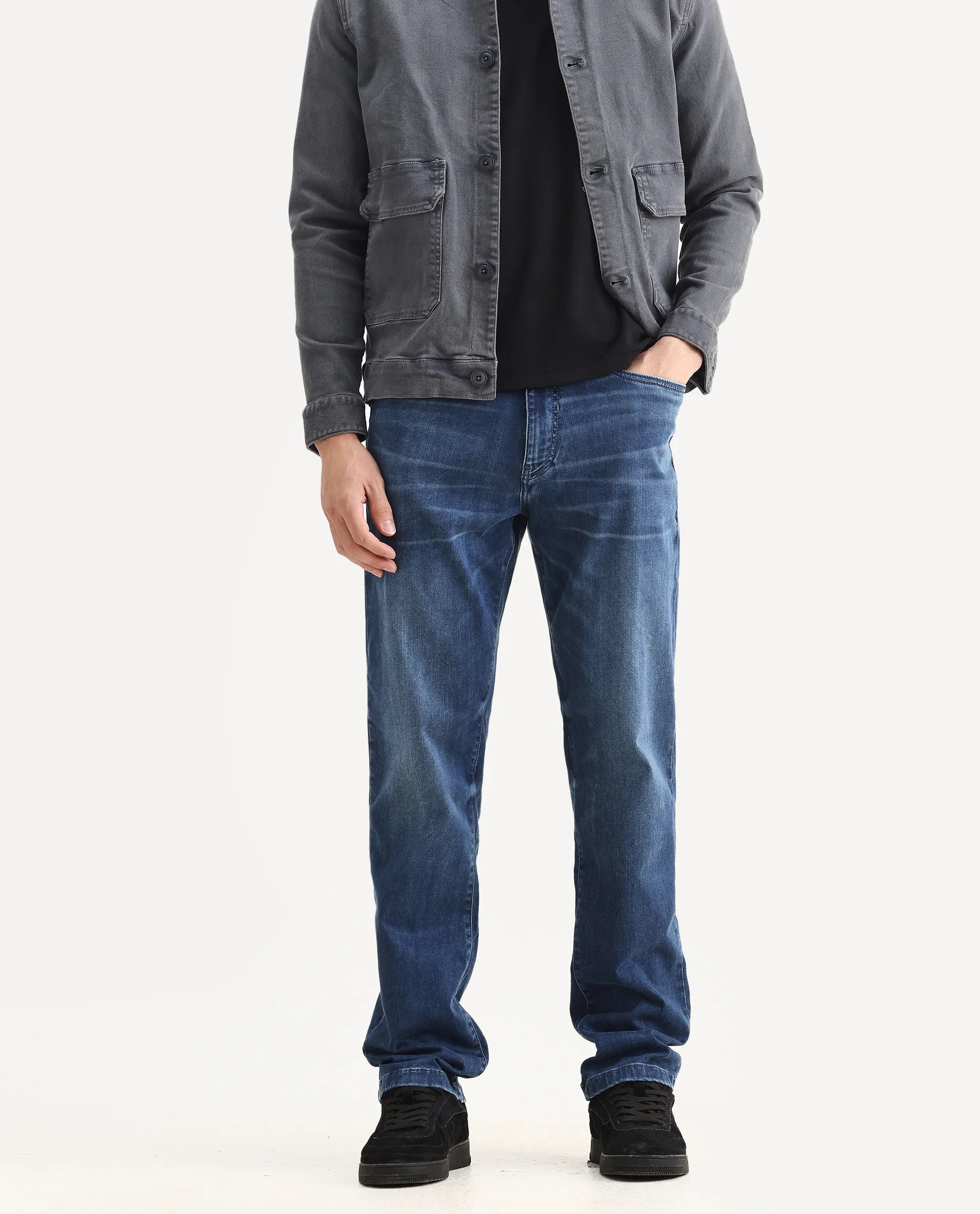 Rare Rabbit Men's Airus Blue Cotton Blend Fabric Morris Regular Fit Plain Jeans