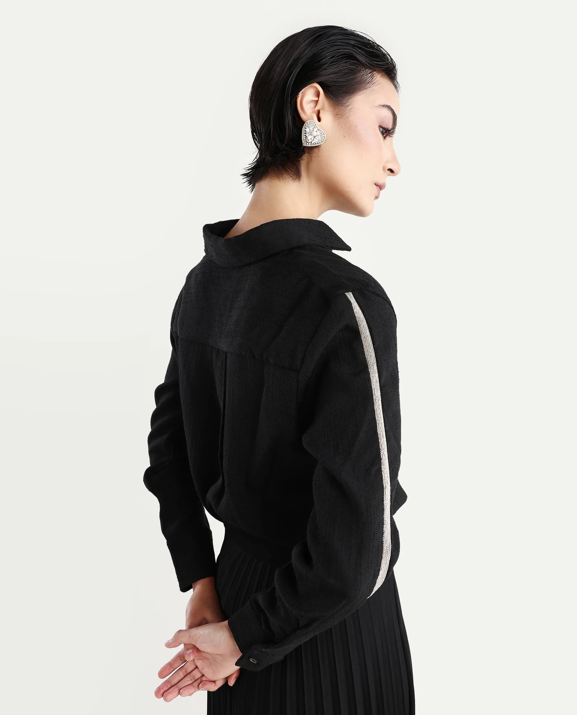 Rareism Women's Aivva Black Satin Drop Collar Dyed Cuffed Sleeve Regular Fit Shirt