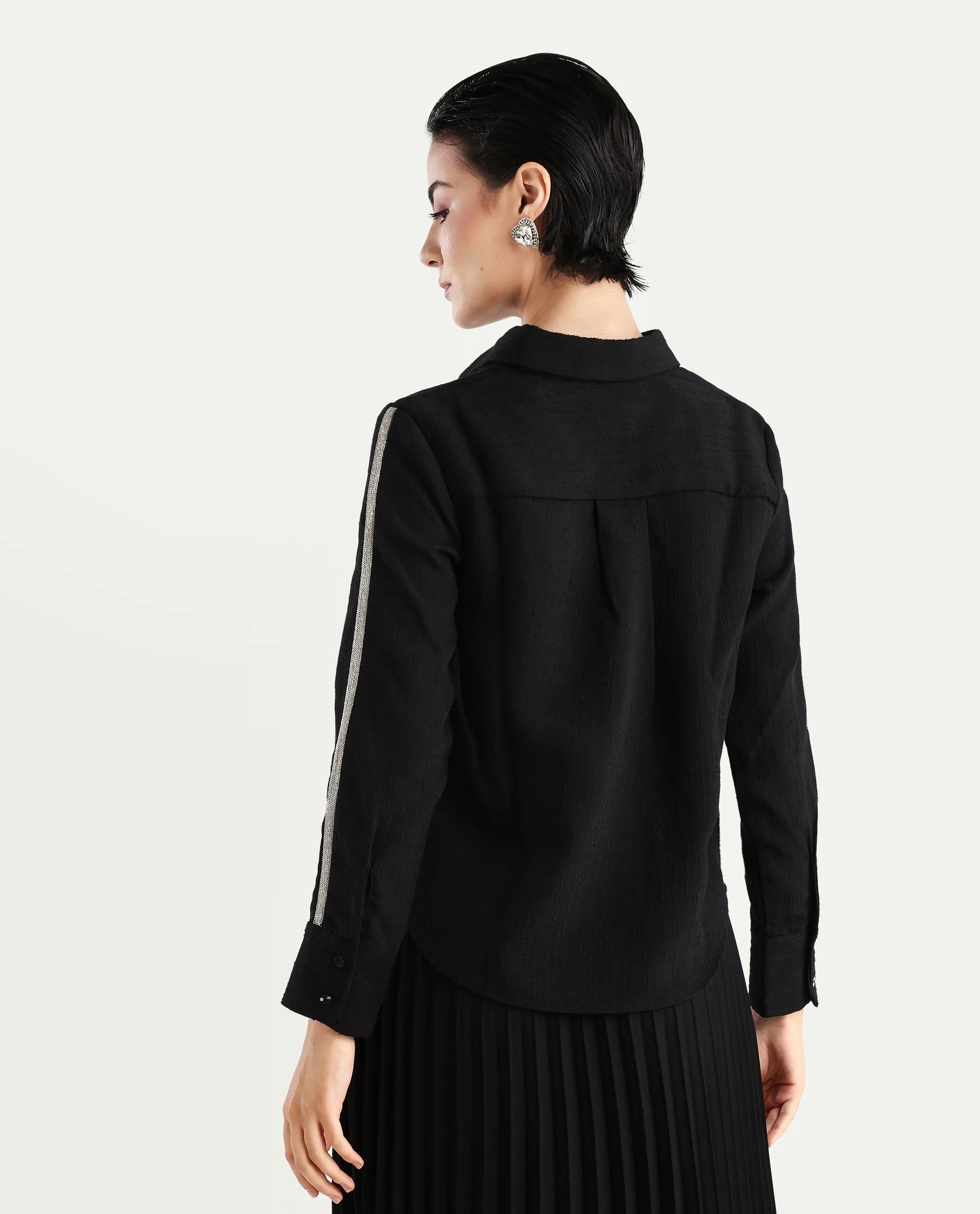 Rareism Women's Aivva Black Satin Drop Collar Dyed Cuffed Sleeve Regular Fit Shirt