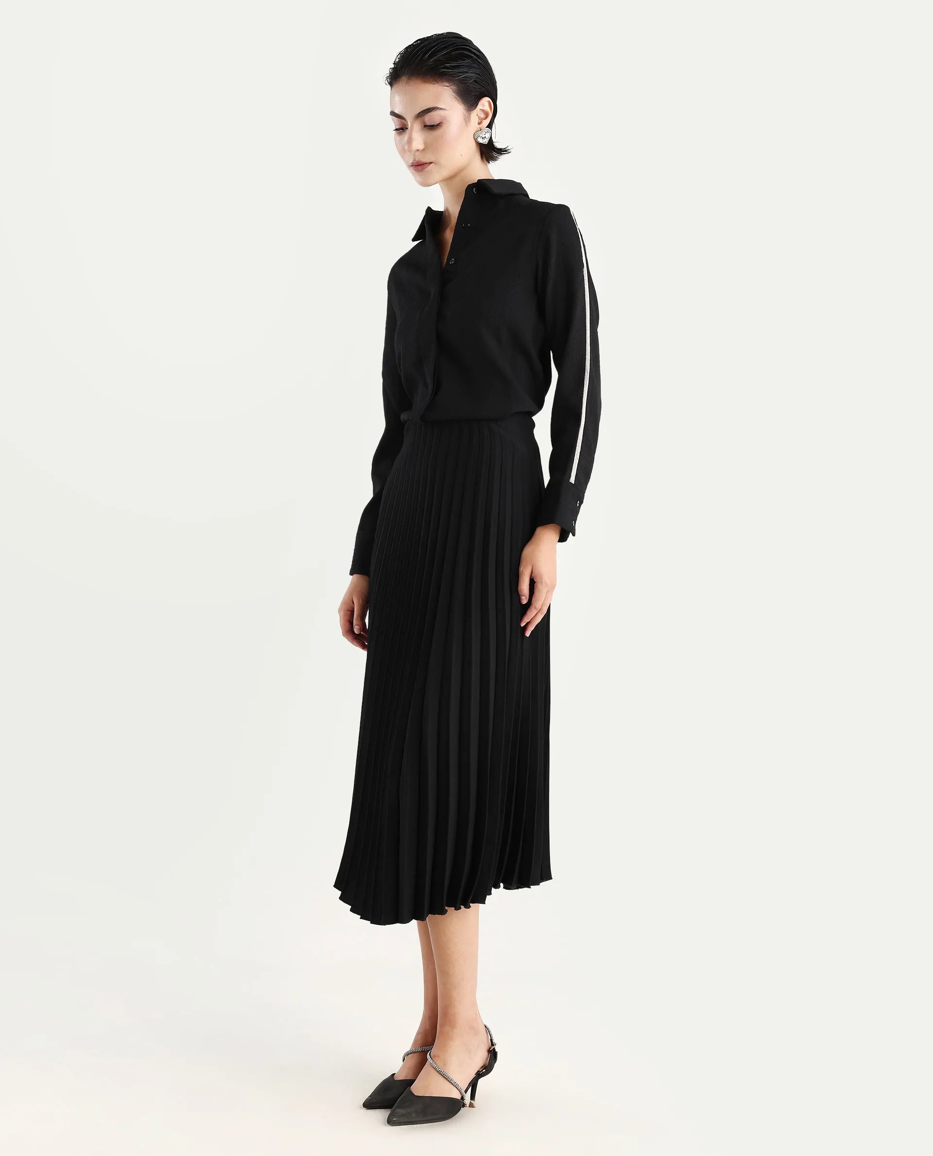 Rareism Women's Aivva Black Satin Drop Collar Dyed Cuffed Sleeve Regular Fit Shirt