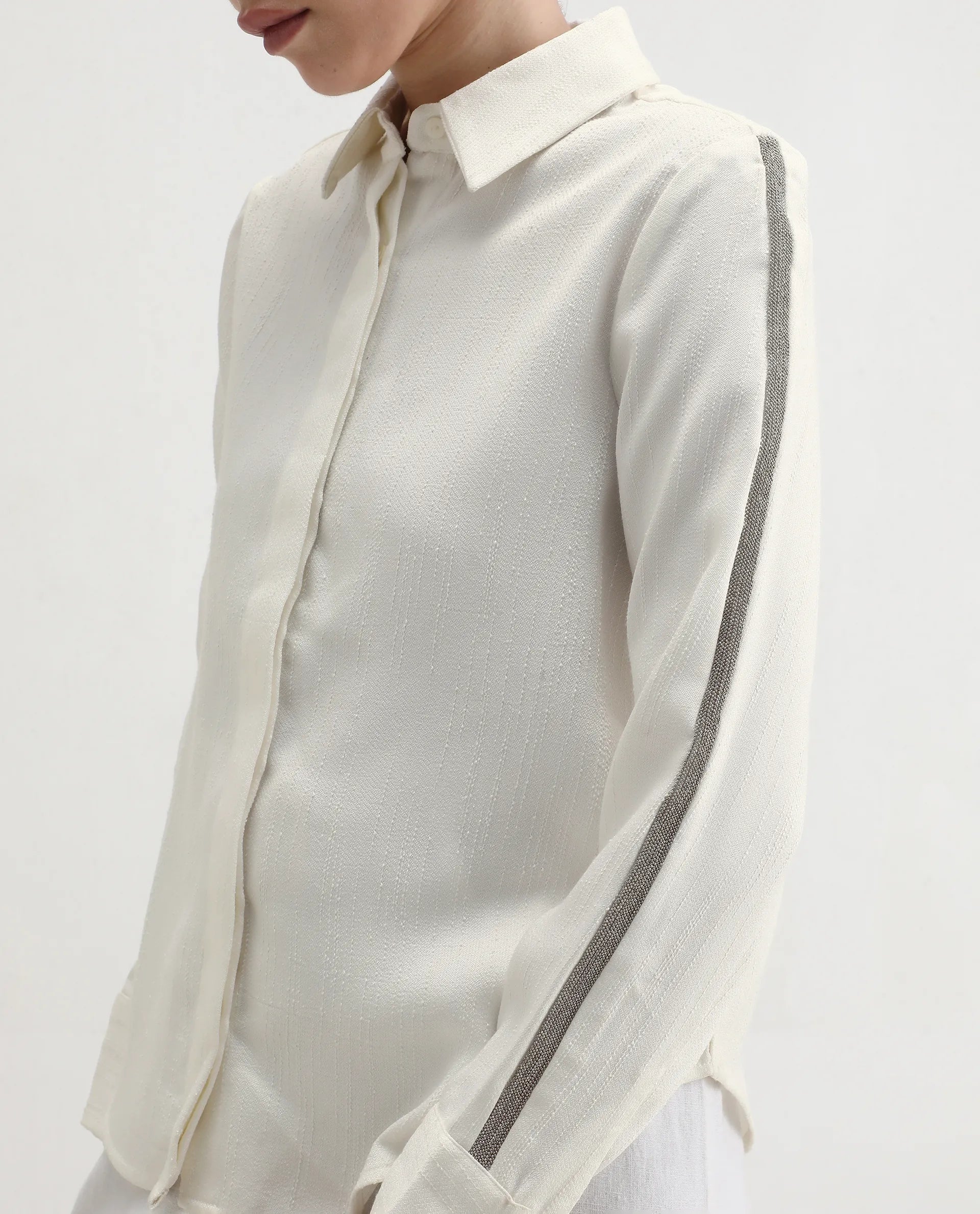 Rareism Women's Aivva White Satin Drop Collar Dyed Cuffed Sleeve Regular Fit Shirt