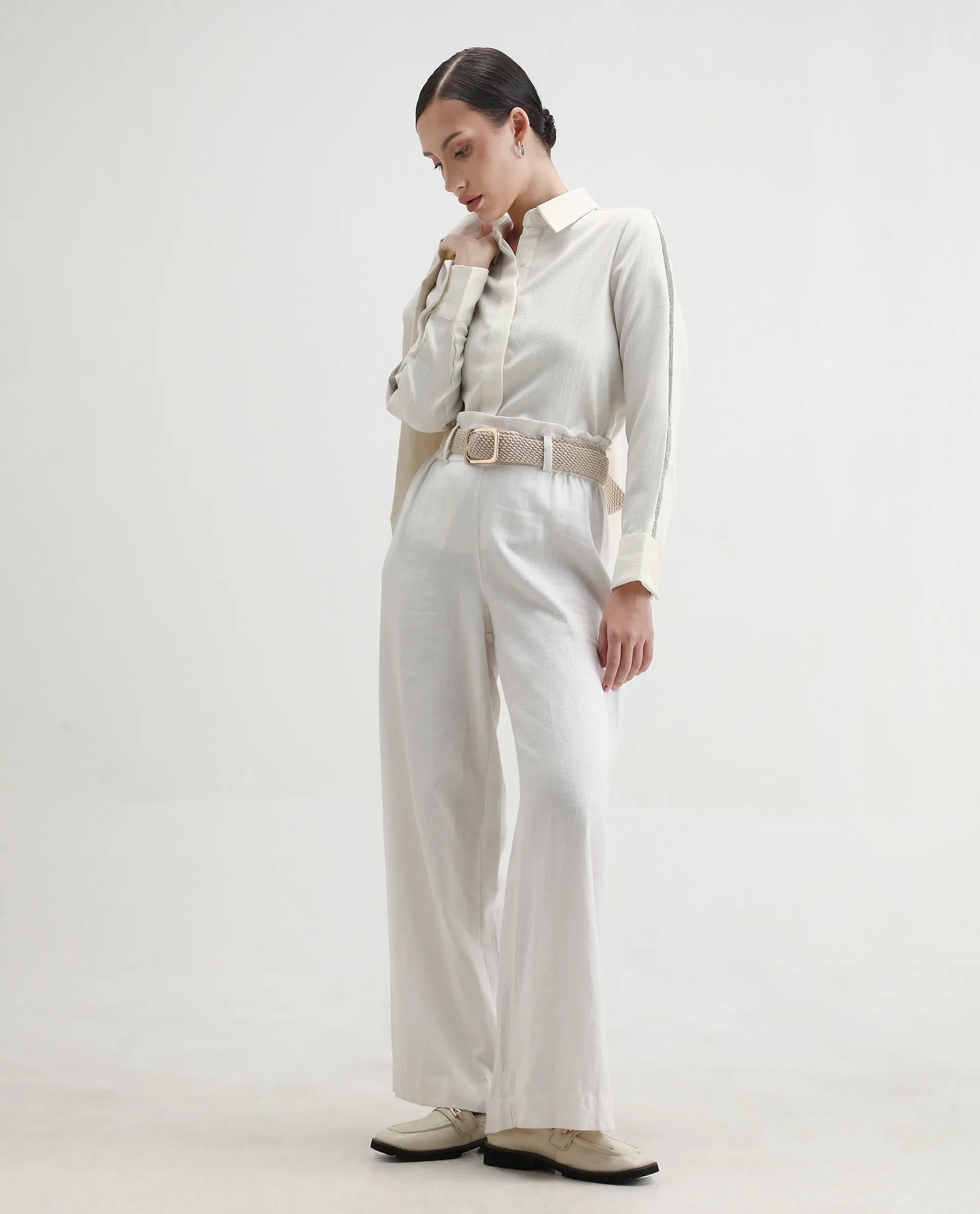 Rareism Women's Aivva White Satin Drop Collar Dyed Cuffed Sleeve Regular Fit Shirt