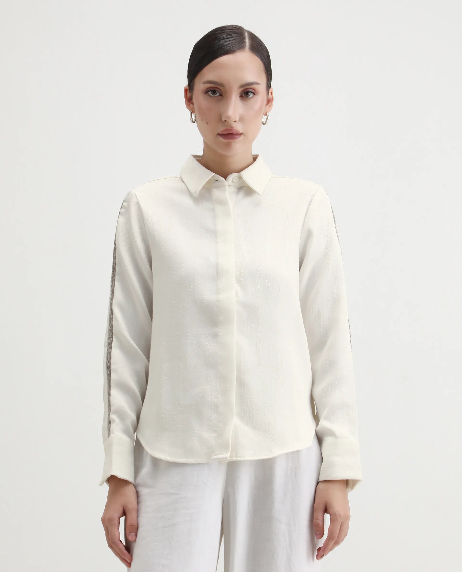 Rareism Women's Aivva White Satin Drop Collar Dyed Cuffed Sleeve Regular Fit Shirt