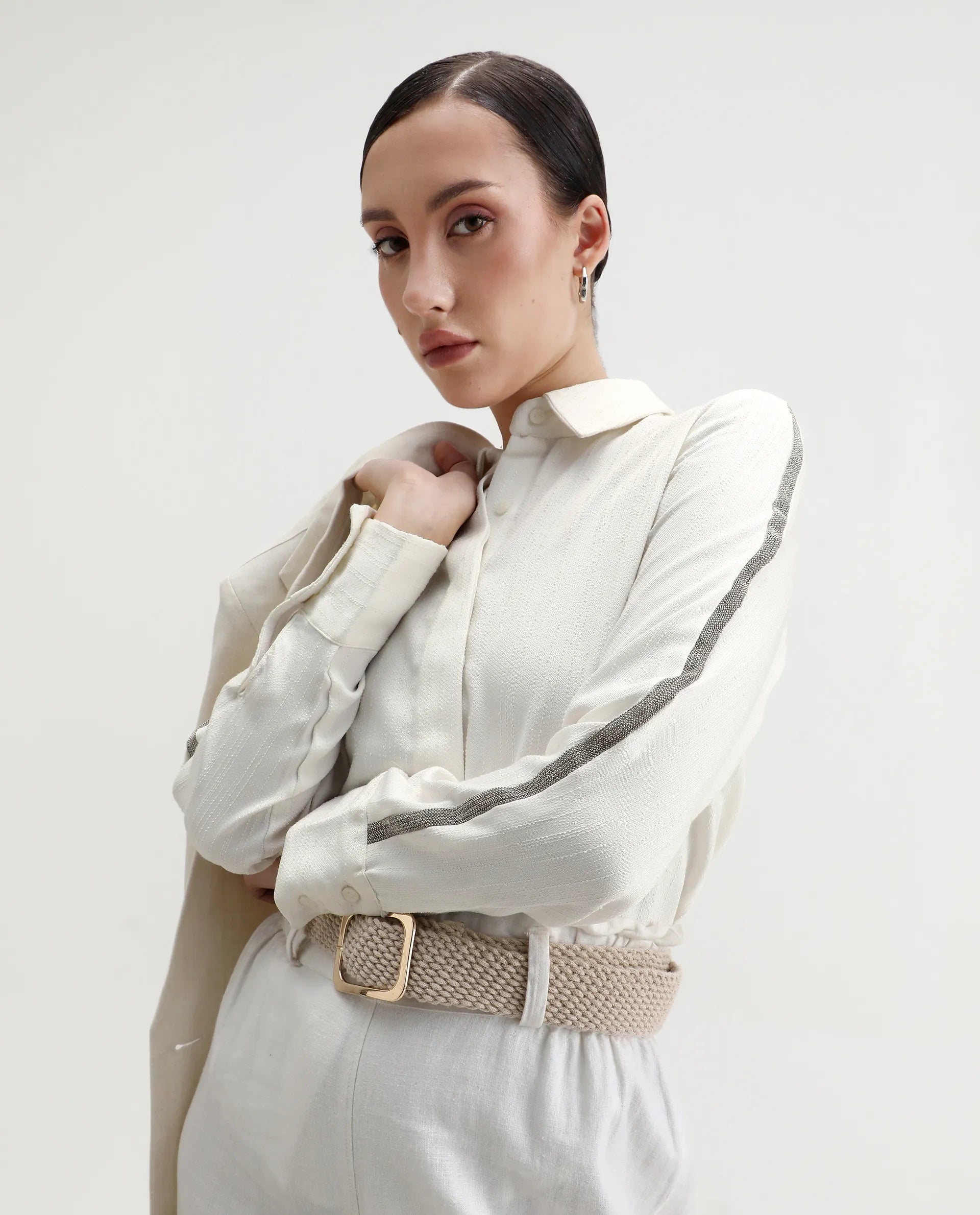 Rareism Women's Aivva White Satin Drop Collar Dyed Cuffed Sleeve Regular Fit Shirt