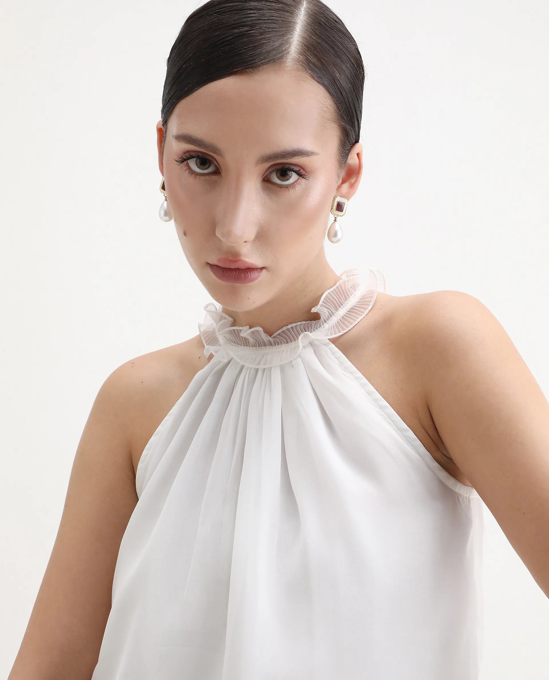 Rareism Women's Akane White Polyester Halter Neck Plain Sleeveless Regular Fit Top