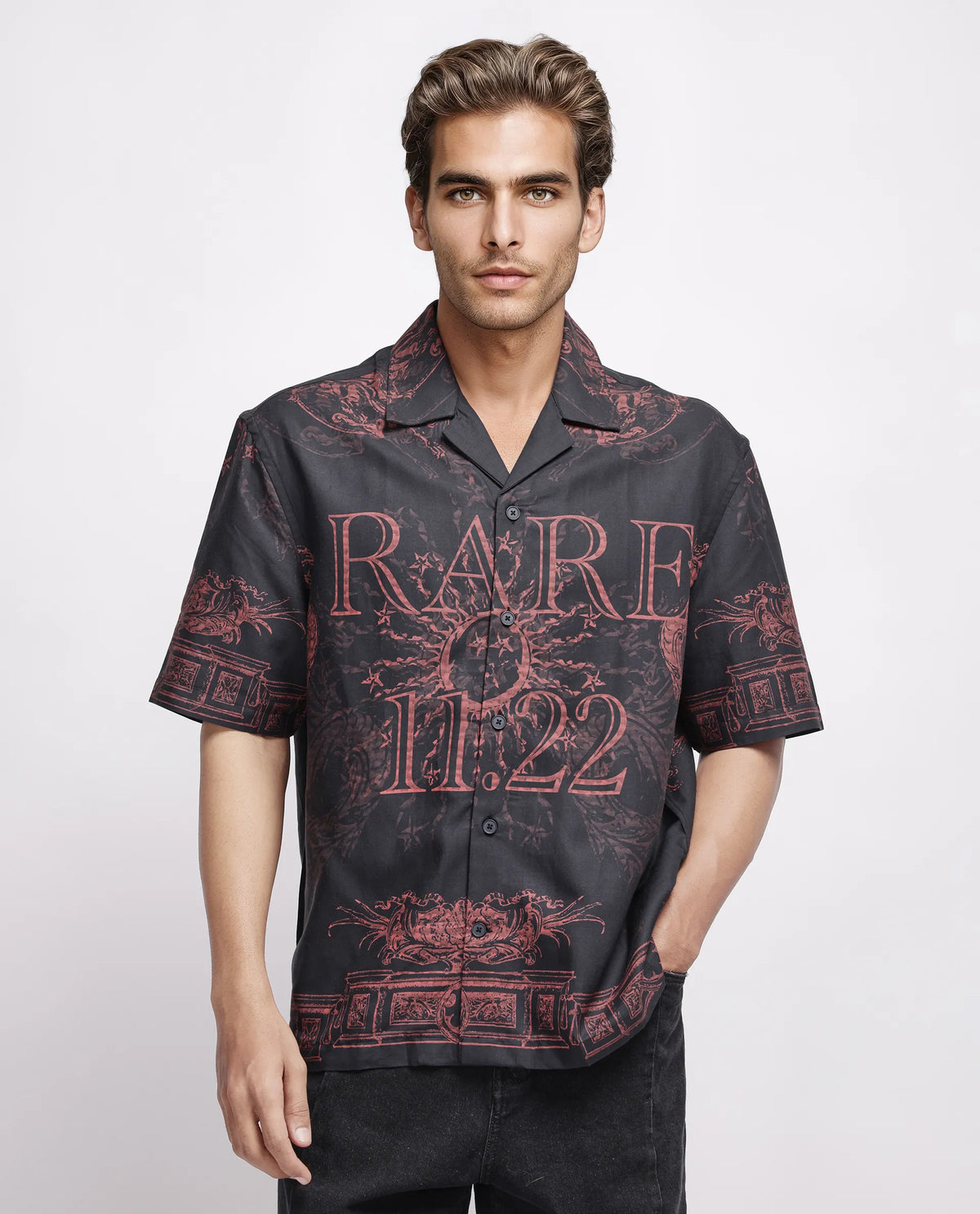 Rare Rabbit Men's Aki Navy Viscose Placement Print Boxy Fit Half Sleeve Cuban Collar Shirt