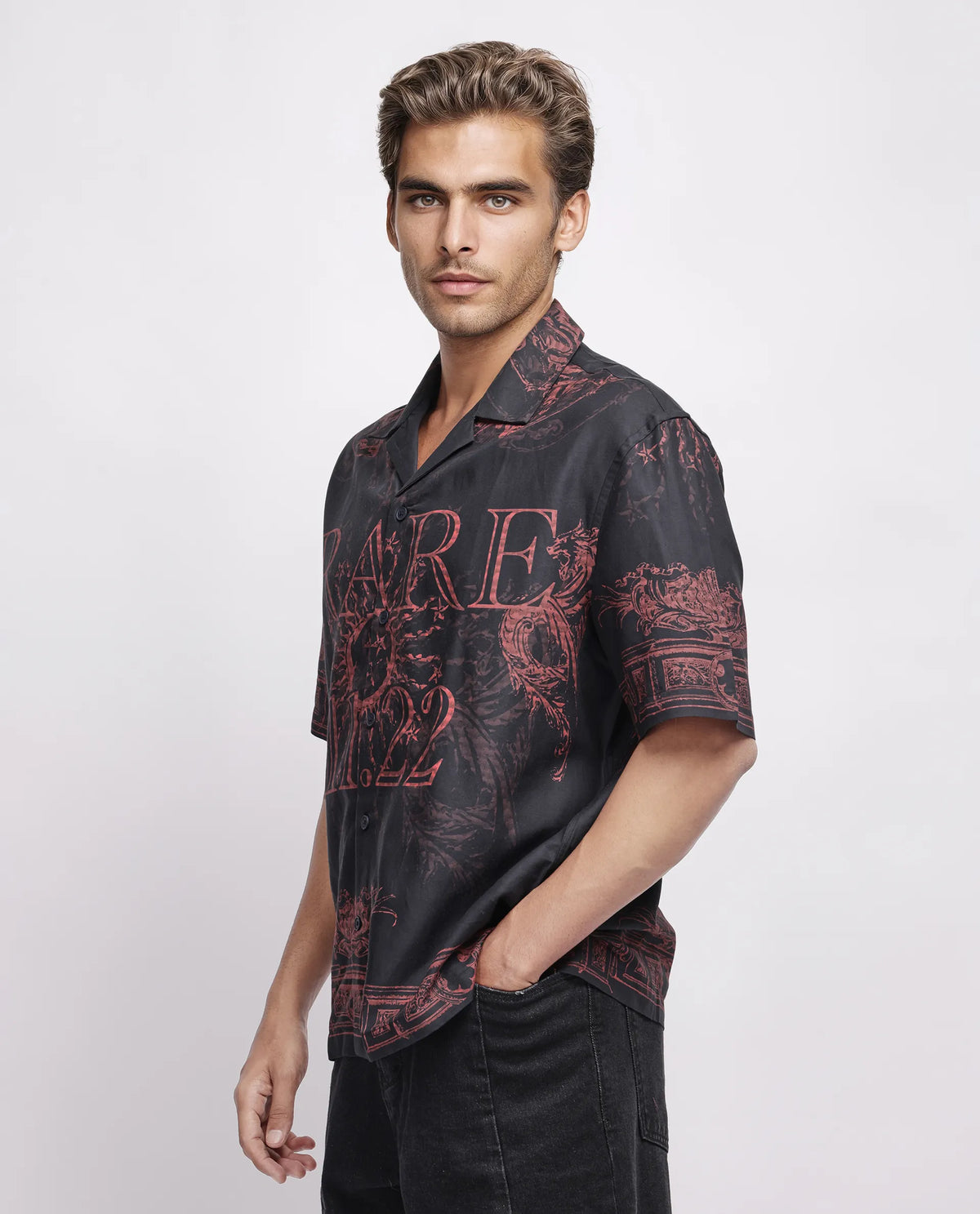 Rare Rabbit Men's Aki Navy Viscose Placement Print Boxy Fit Half Sleeve Cuban Collar Shirt