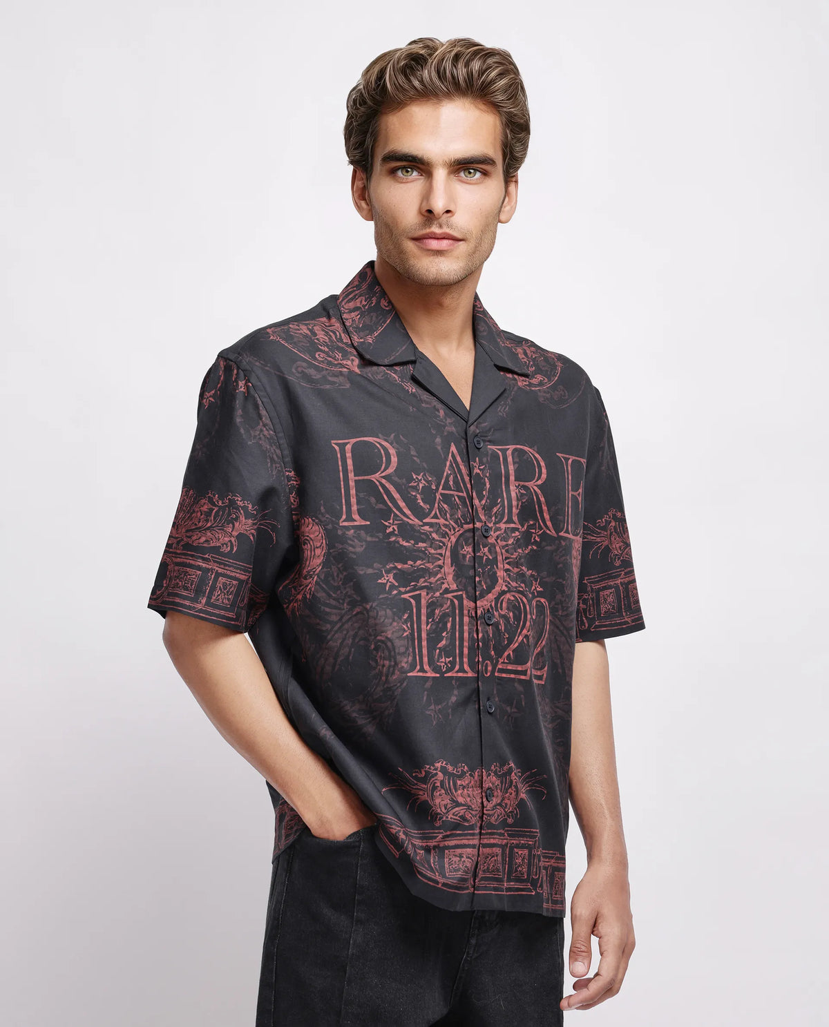 Rare Rabbit Men's Aki Navy Viscose Placement Print Boxy Fit Half Sleeve Cuban Collar Shirt