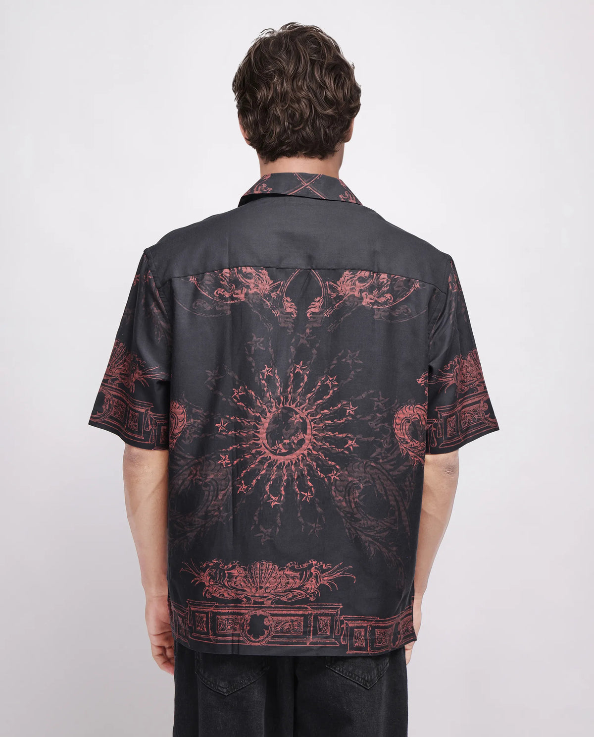 Rare Rabbit Men's Aki Navy Viscose Placement Print Boxy Fit Half Sleeve Cuban Collar Shirt
